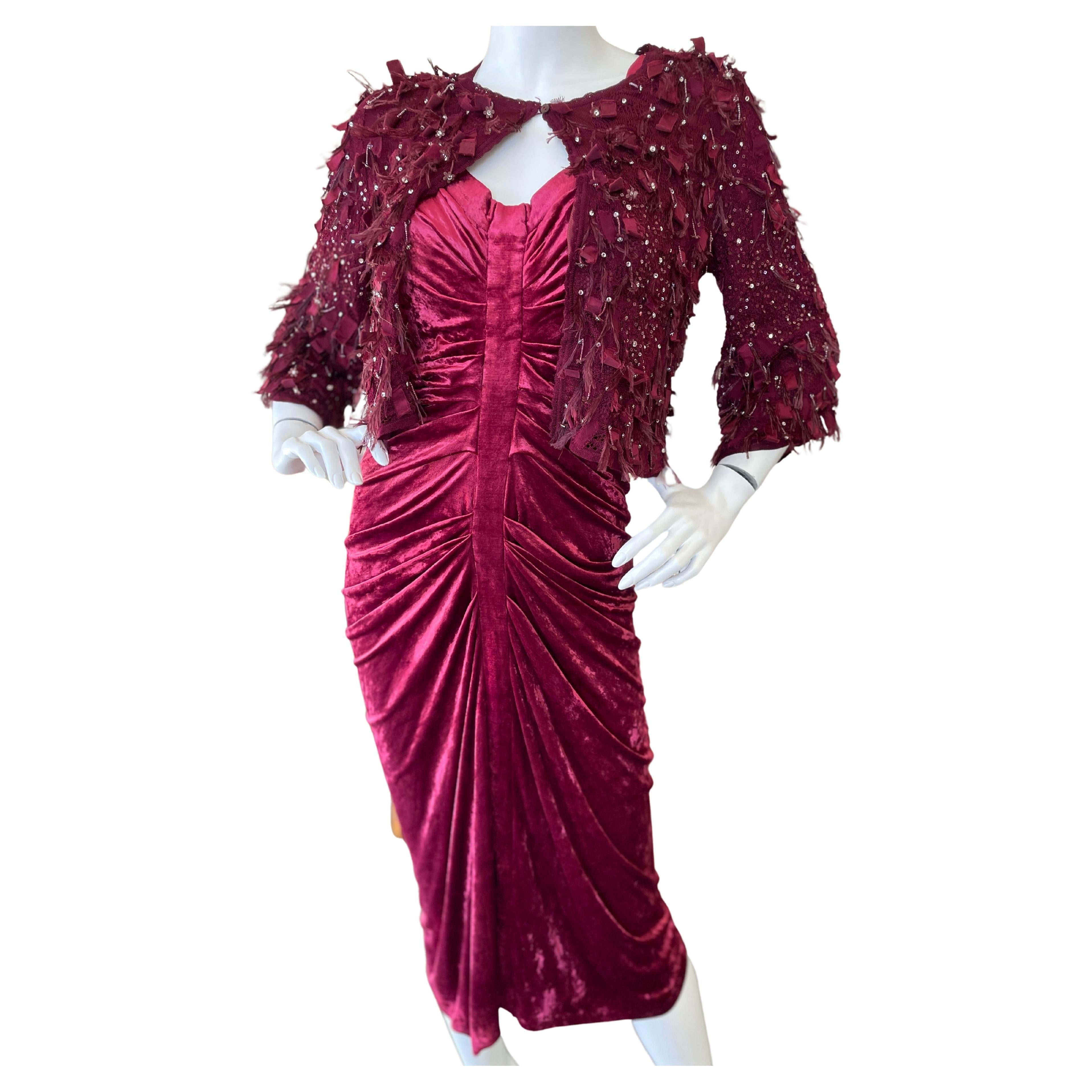 John Galliano Vintage Red Velvet Ruched Cocktail Dress w Matching Feather Shrug