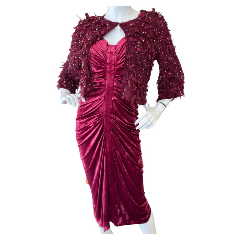 John Galliano Vintage Red Velvet Ruched Cocktail Dress w Matching
