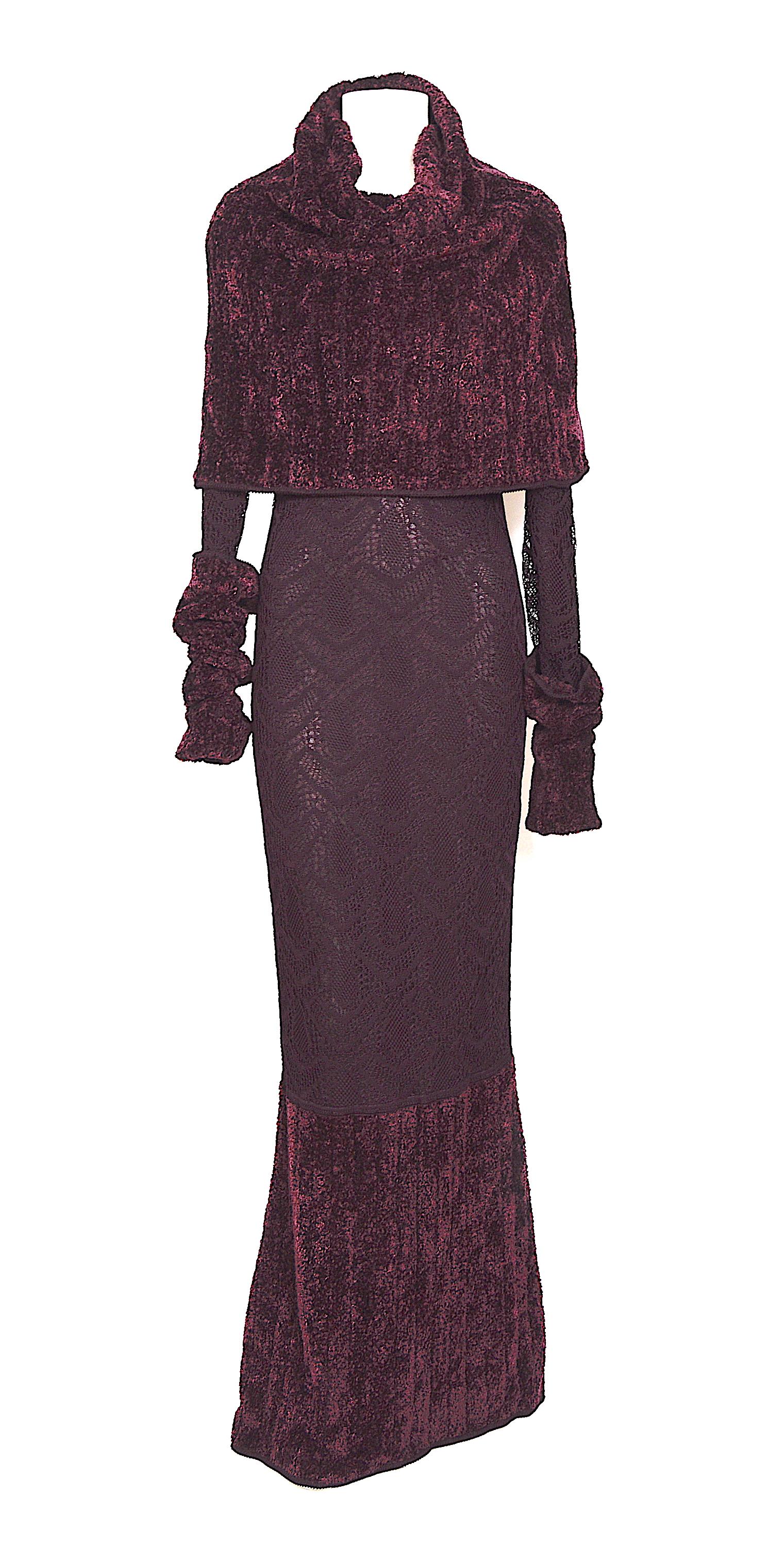 Important collectible John Galliano runway fall 1999 - 2000 knitted and crochet lace viscose and nylon long dress.
Attached oversize collar, capelet, or hoodie if you should desire. 
The dress is absolutely stunning.
Made in Italy - 80%viscose - 20%