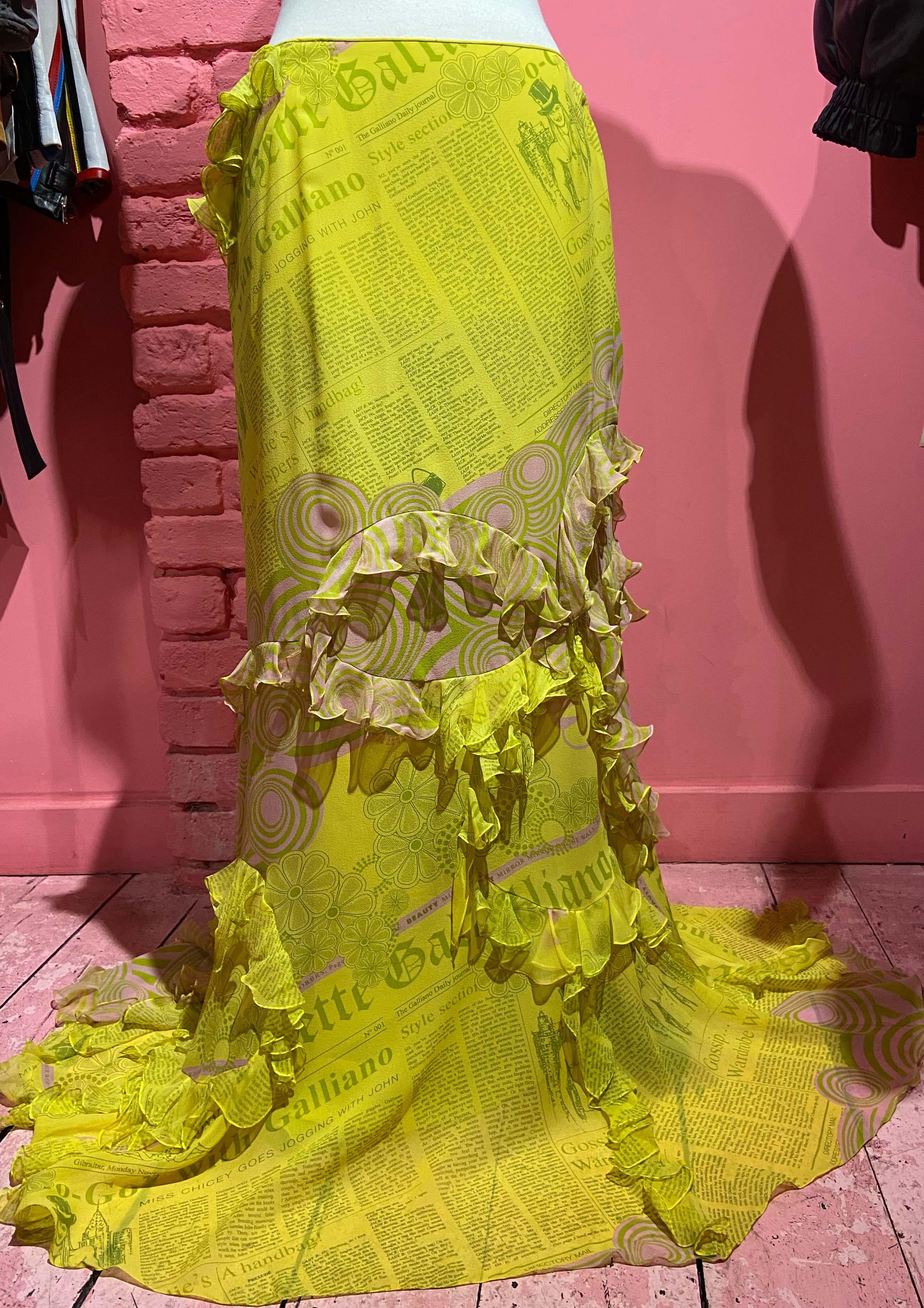 Vintage John Galliano Spring Summer 2005 yellow silk maxi skirt. Features the famous 