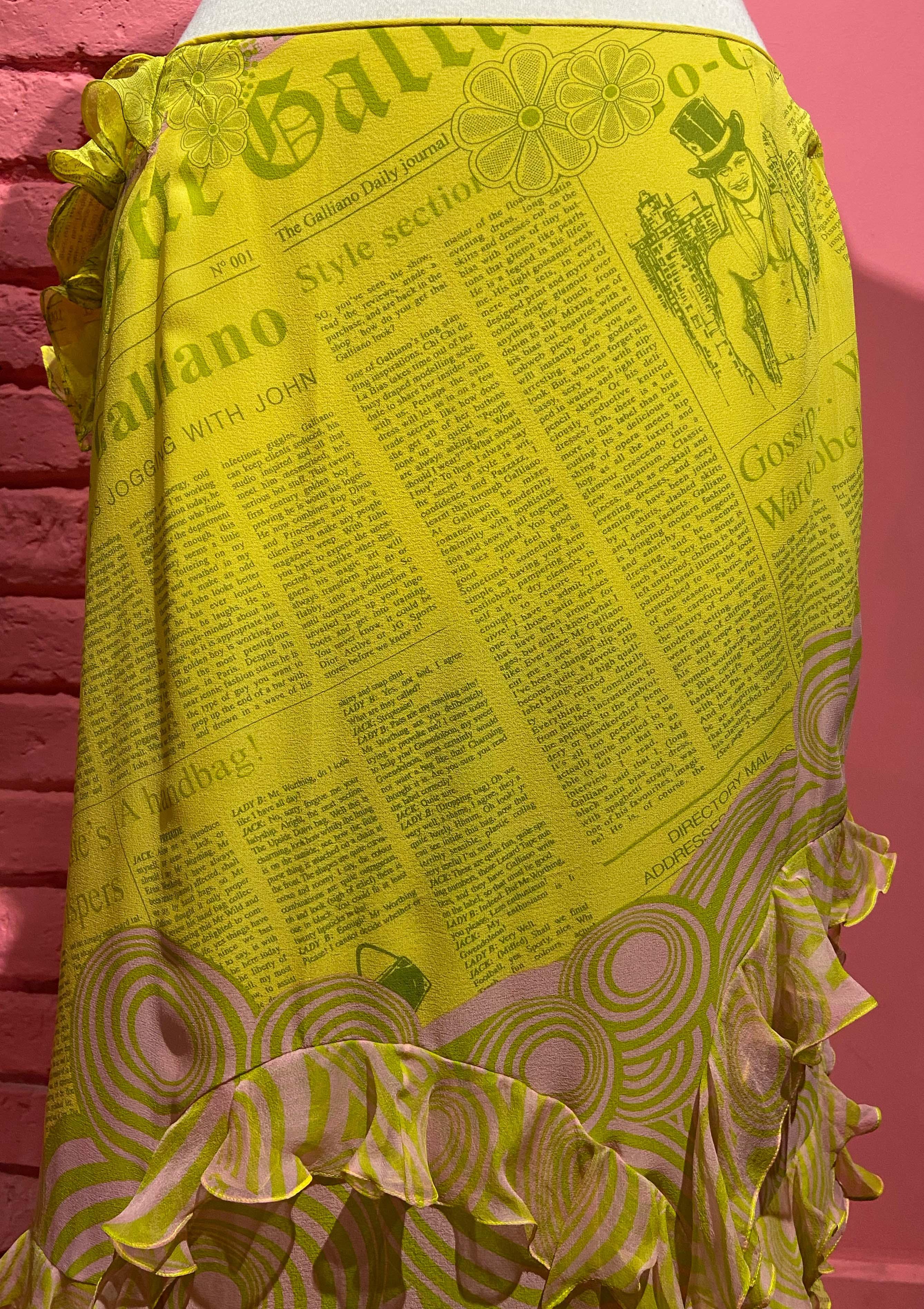 Women's or Men's John Galliano Vintage S/S 2005 Gazette Print Yellow Silk Skirt