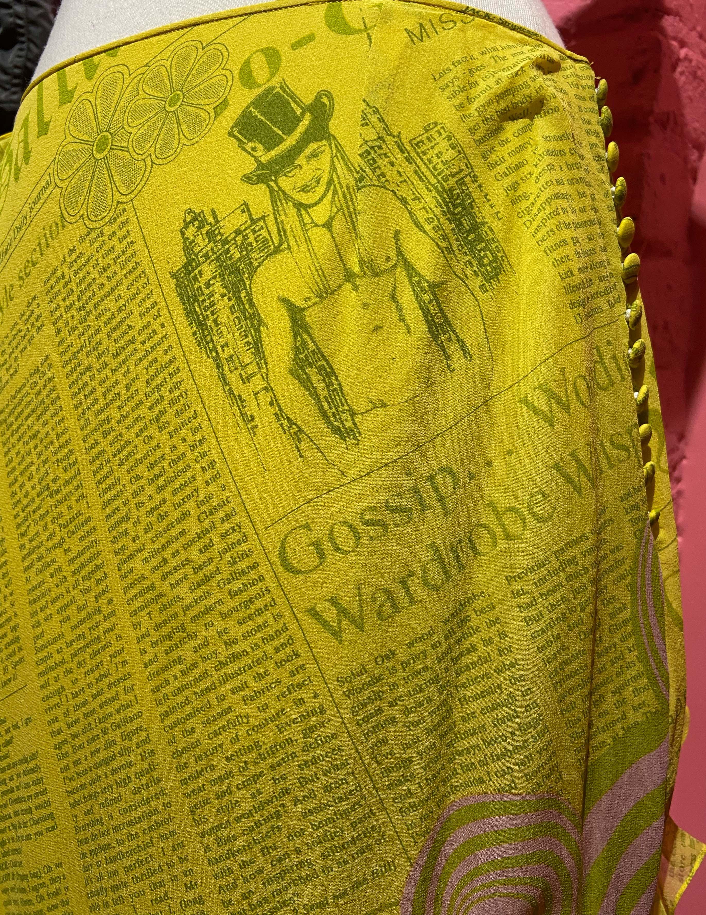 John Galliano Vintage S/S 2005 Gazette Print Yellow Silk Skirt 1