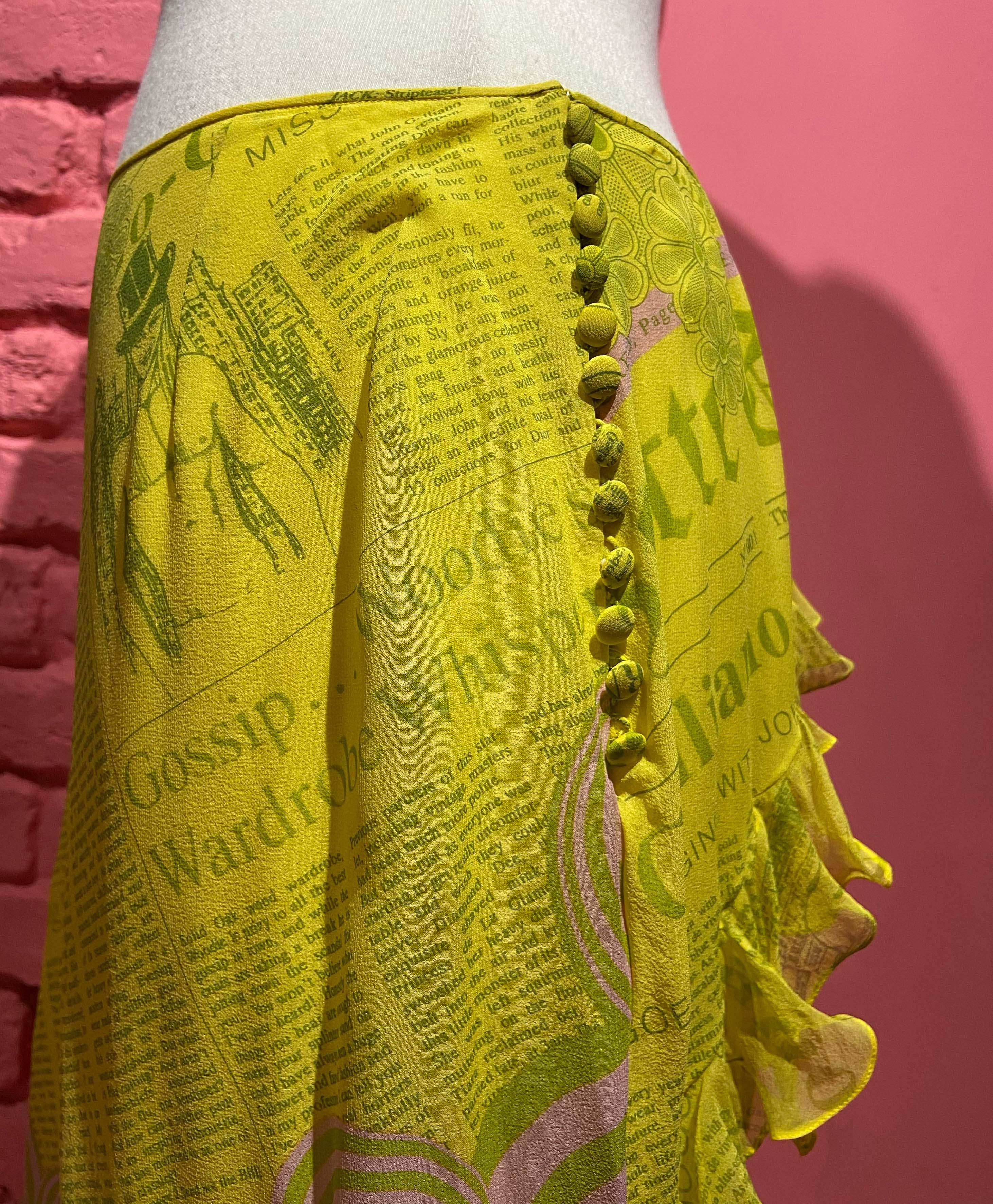 John Galliano Vintage S/S 2005 Gazette Print Yellow Silk Skirt 2