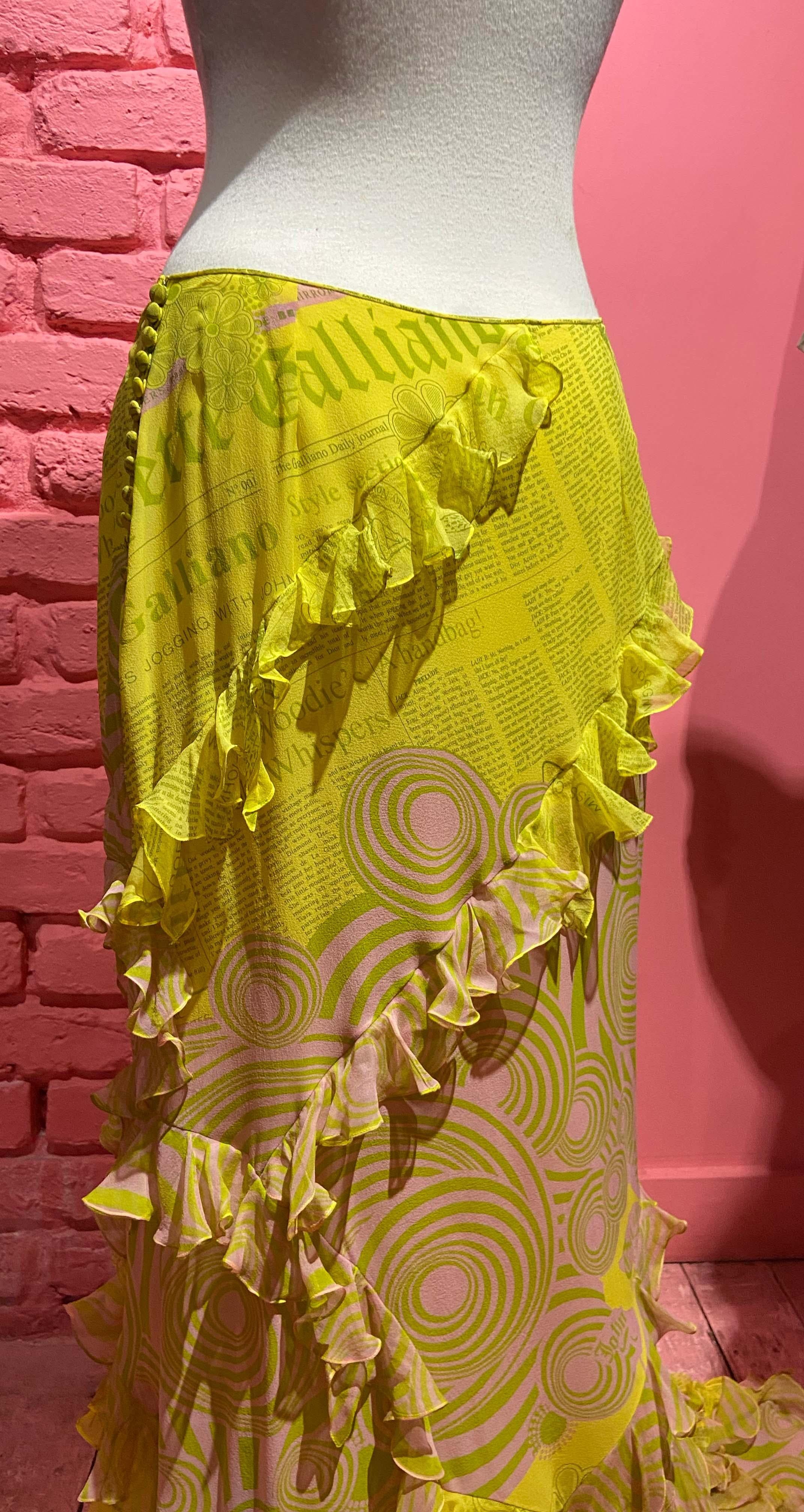 John Galliano Vintage S/S 2005 Gazette Print Yellow Silk Skirt 3