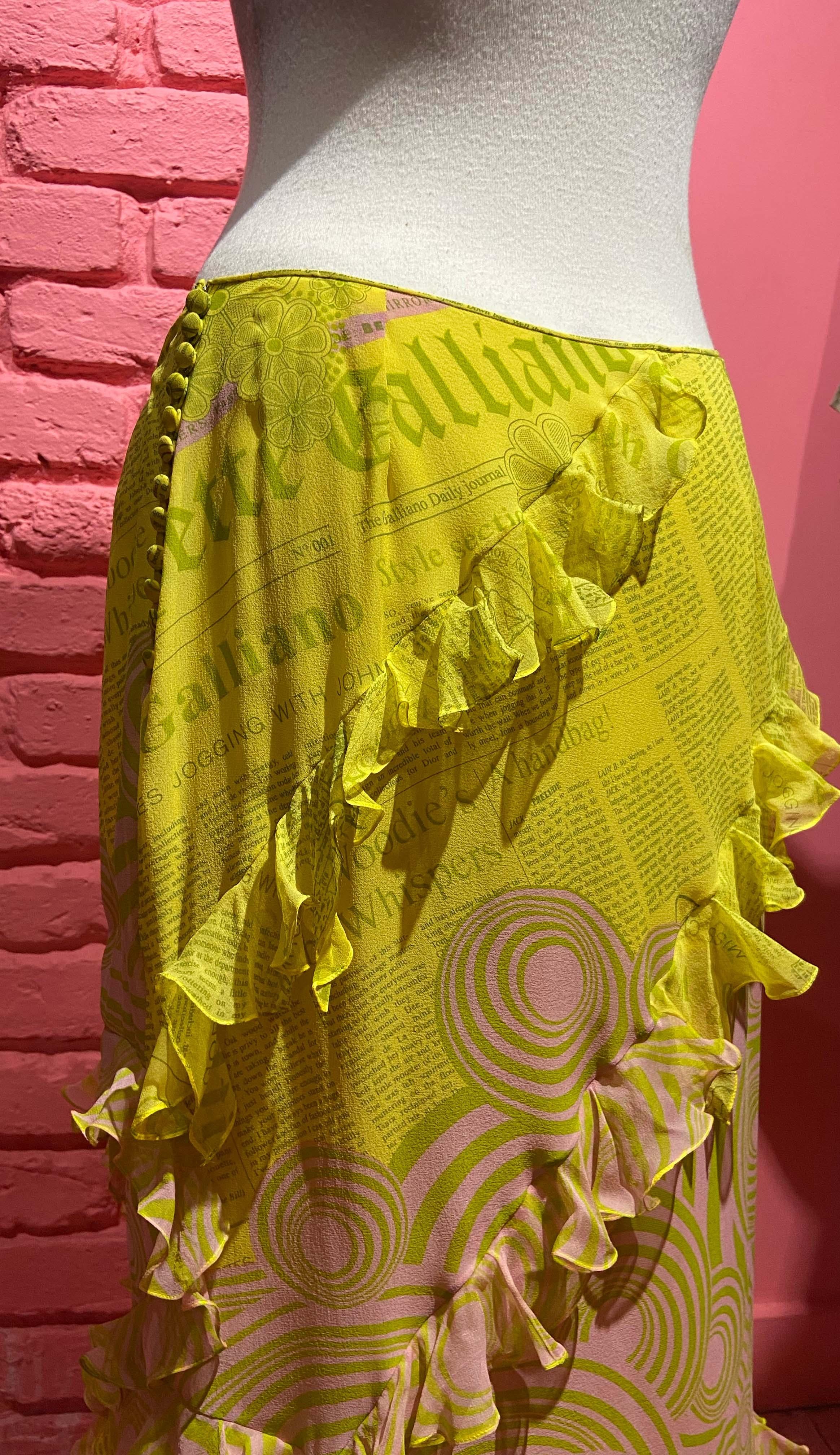 John Galliano Vintage S/S 2005 Gazette Print Yellow Silk Skirt 4