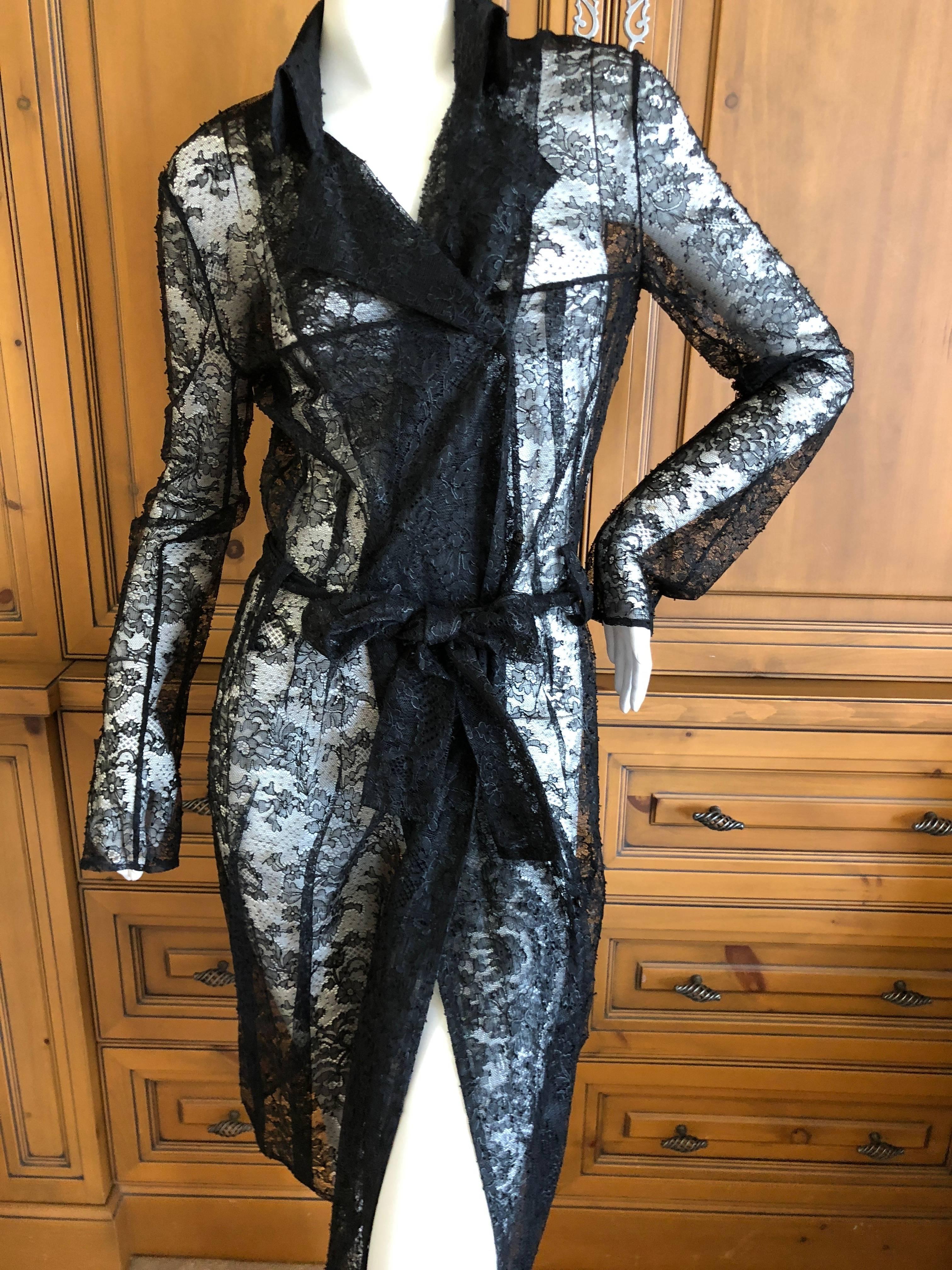 John Galliano Vintage Sheer Black Lace Trench Style Coat Dress In Excellent Condition For Sale In Cloverdale, CA
