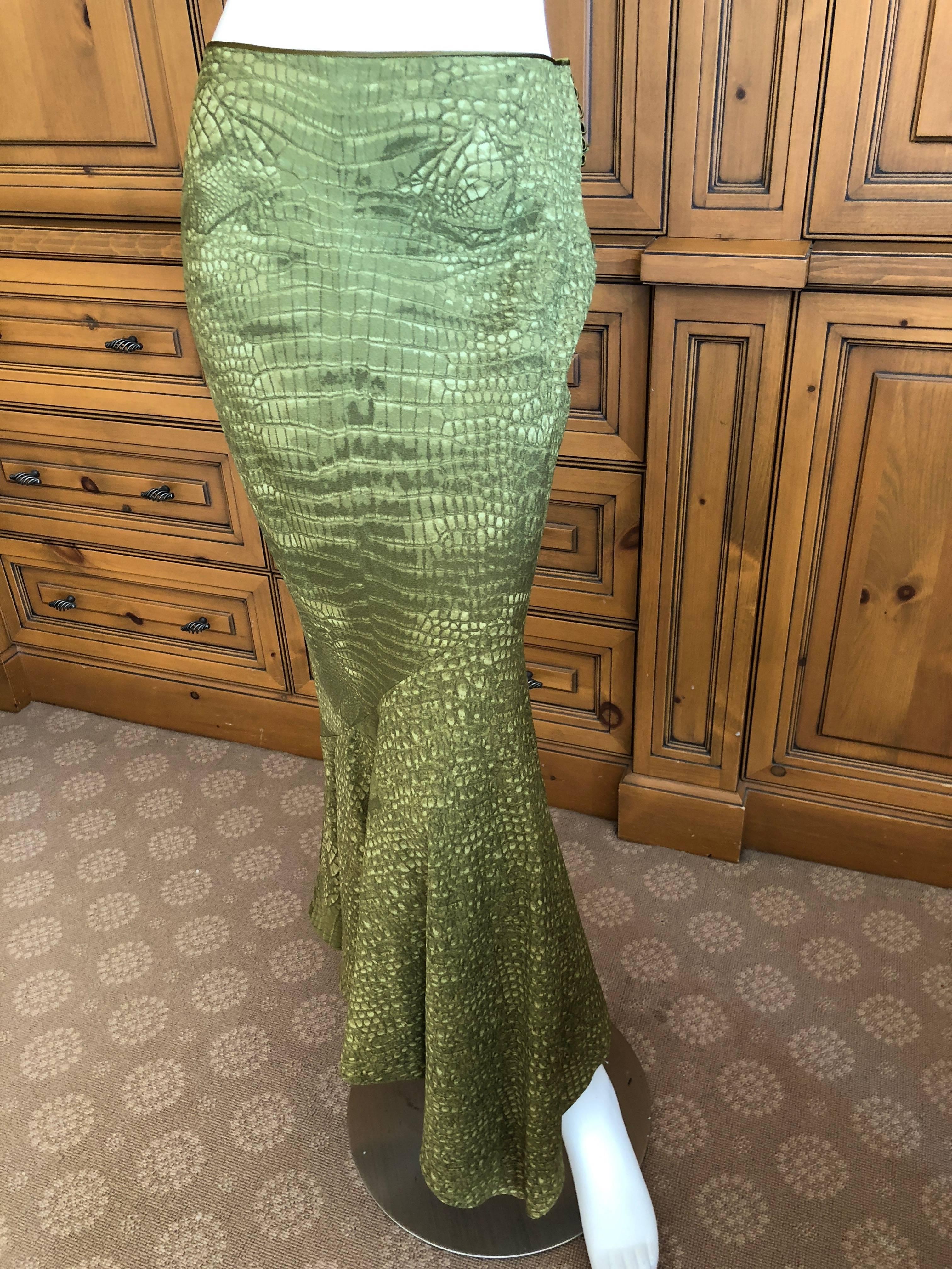John Galliano Vintage Silk Green Alligator Print Fishtail Skirt.
Size 42
Waist 29