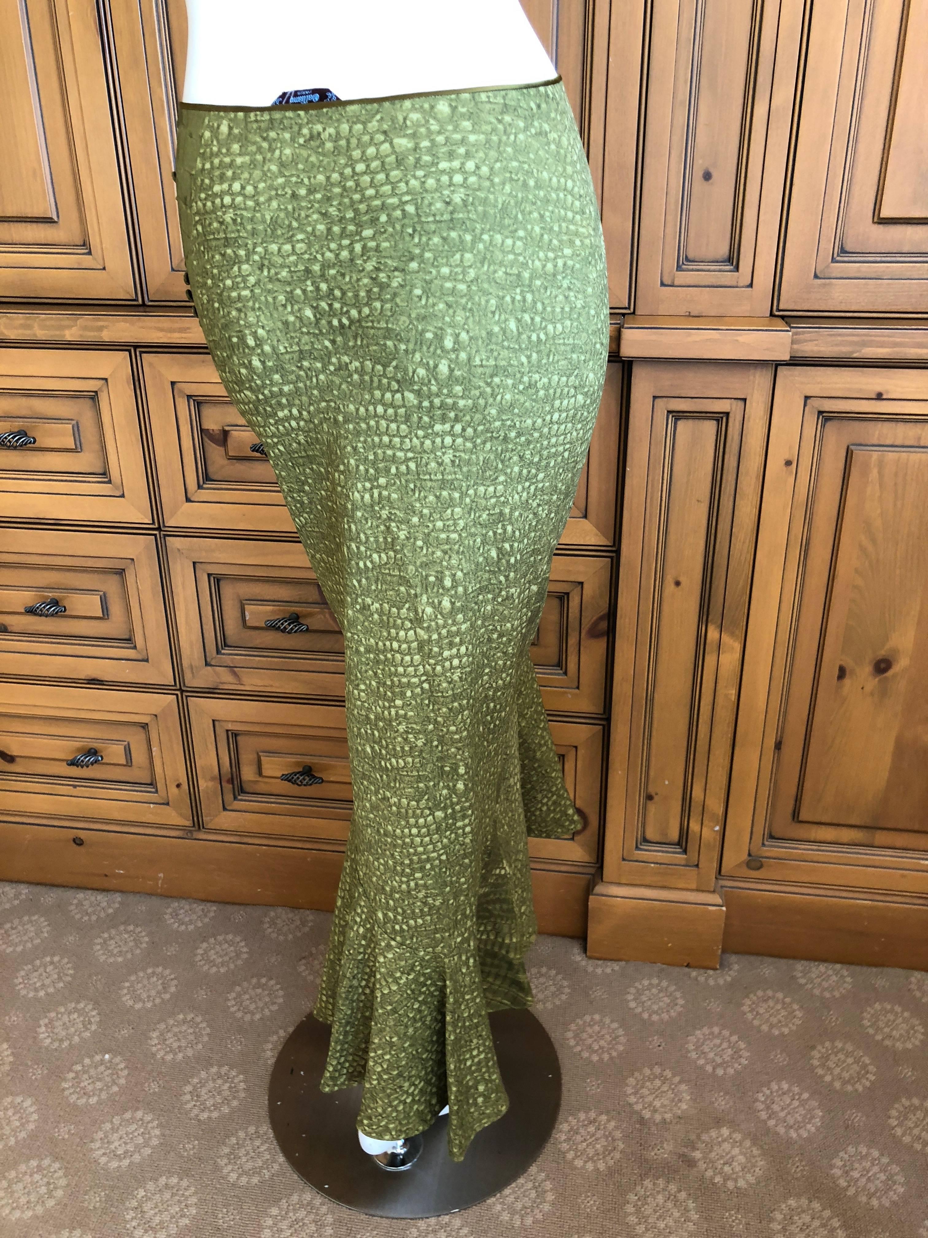 Brown John Galliano Vintage Silk Green Alligator Print Fishtail Skirt For Sale