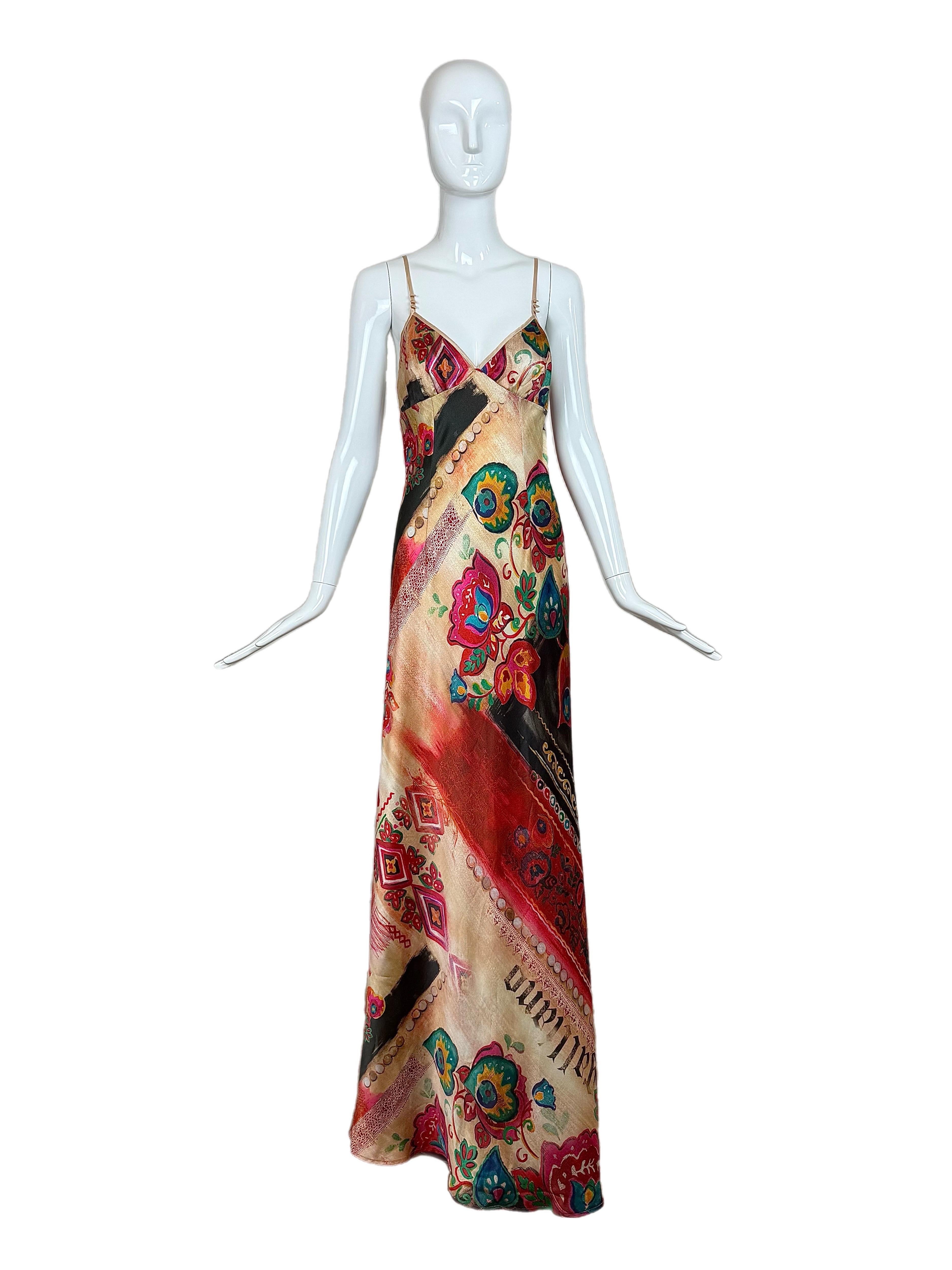 JOHN GALLIANO Vintage Seide Bedrucktes Langes Schlupfkleid Maxikleid im Angebot 1