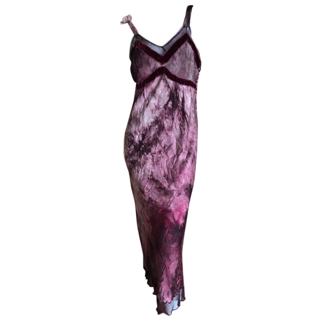John Galliano Vintage Tie Dye Pattern Velvet Trimmed Tea Length Dress im Angebot
