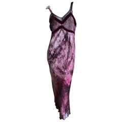 John Galliano Vintage Tie Dye Pattern Velvet Trimmed Tea Length Dress