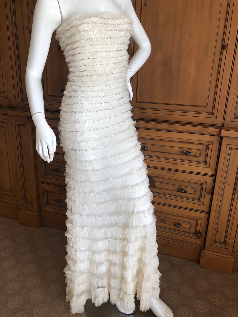 John Galliano Vintage Tiered Ruffled Bead Embellished Strapless Evening