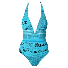 John Galliano Vintage Turquoise Black Gazette Print Plunge Swimsuit M