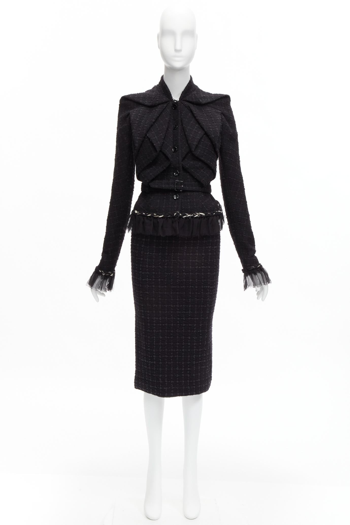 JOHN GALLIANO Vintage  wool tweed braid trim ruffle jacket skirt suit FR40 L 11