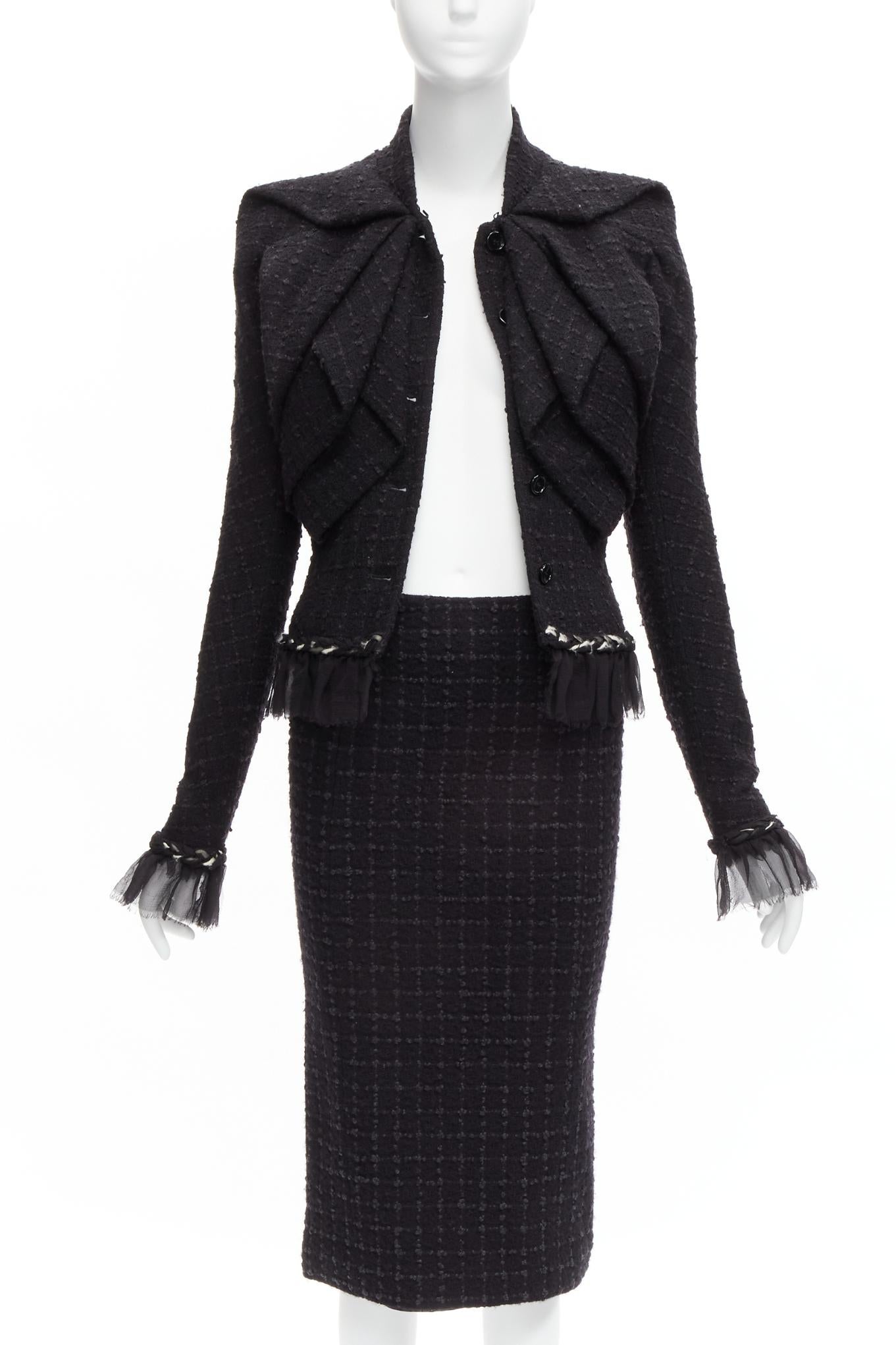 JOHN GALLIANO Vintage  wool tweed braid trim ruffle jacket skirt suit FR40 L In Excellent Condition In Hong Kong, NT