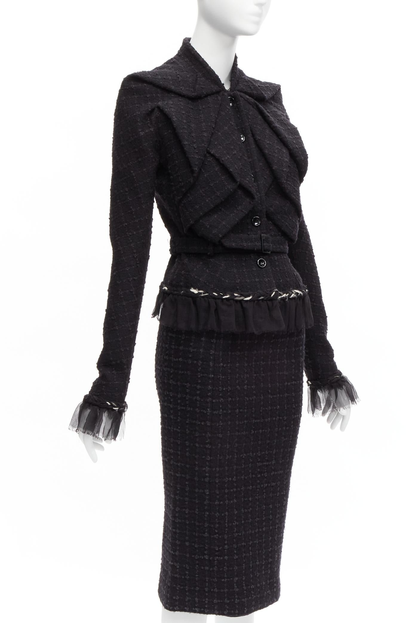 Women's JOHN GALLIANO Vintage  wool tweed braid trim ruffle jacket skirt suit FR40 L