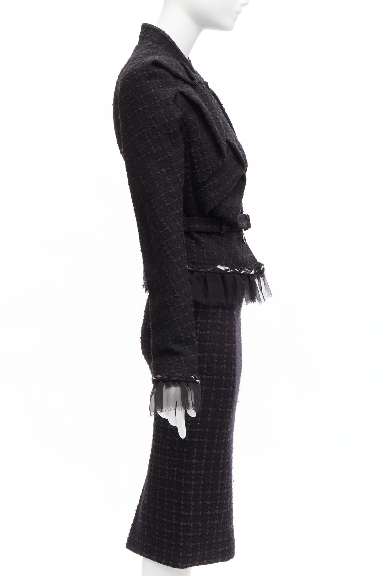 JOHN GALLIANO Vintage  wool tweed braid trim ruffle jacket skirt suit FR40 L 1