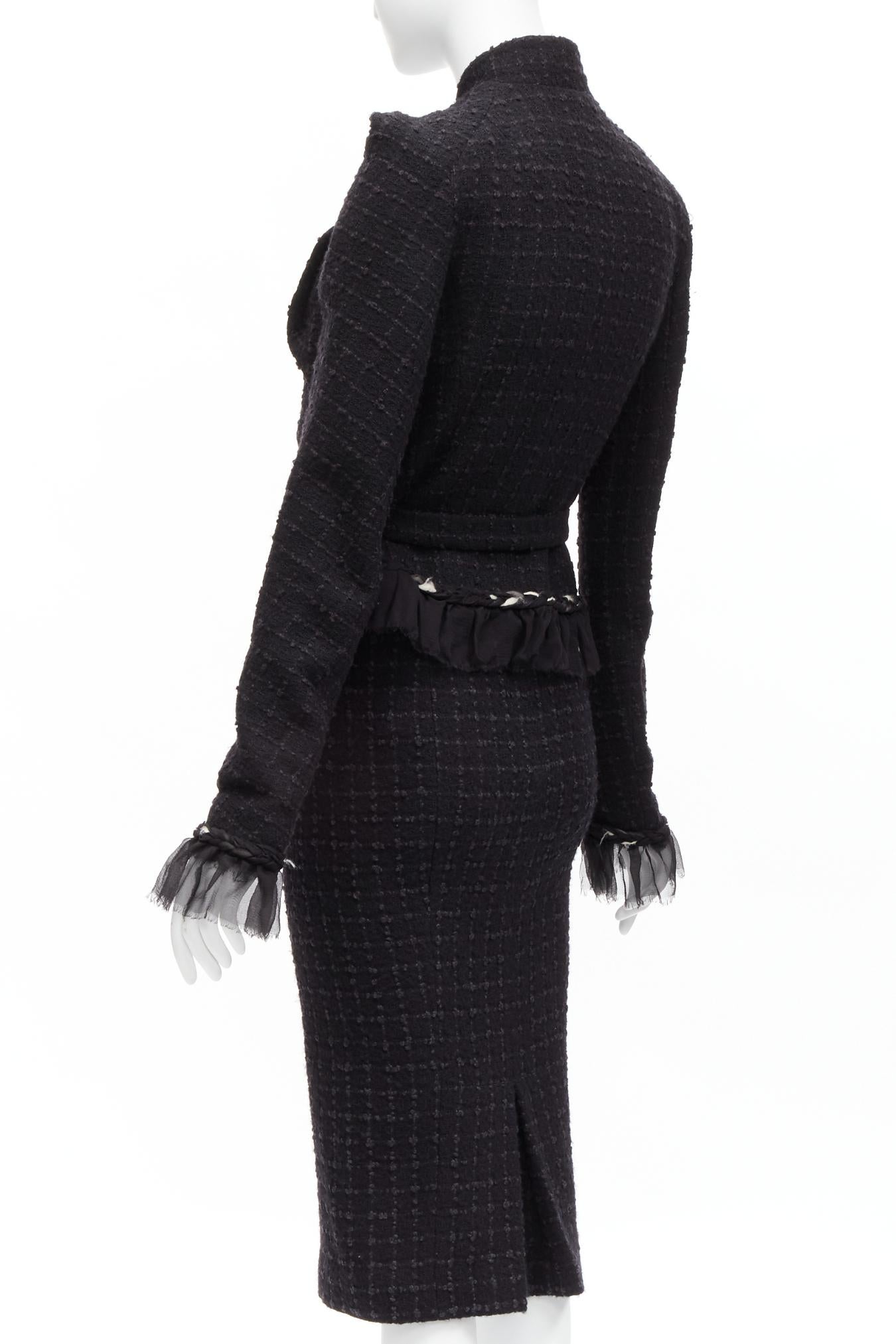 JOHN GALLIANO Vintage  wool tweed braid trim ruffle jacket skirt suit FR40 L 3