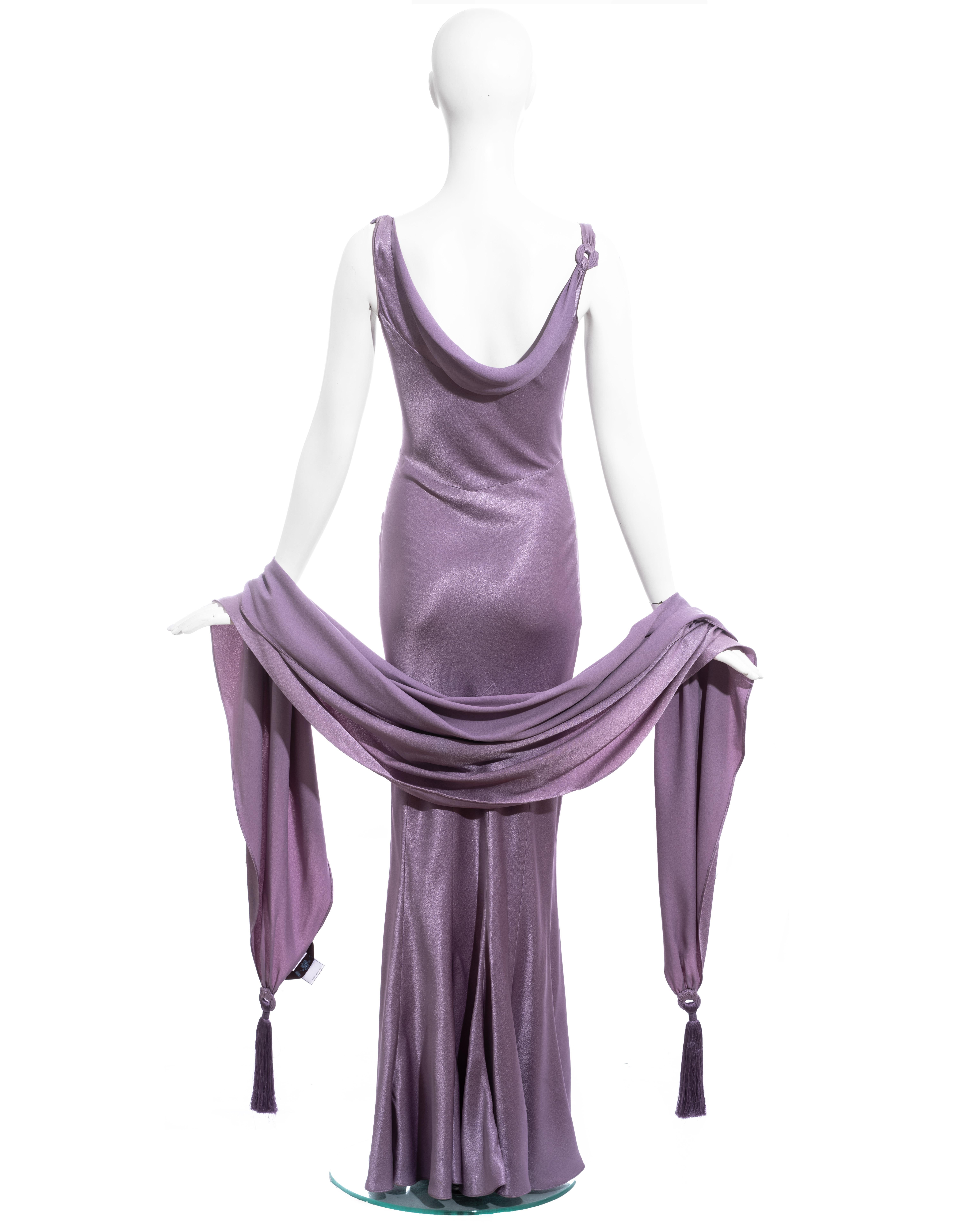 Gray John Galliano violet crepe-backed satin evening dress and shawl, ss 2000
