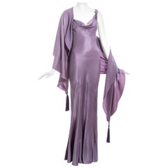 John Galliano violet crepe-backed satin evening dress and shawl, ss 2000