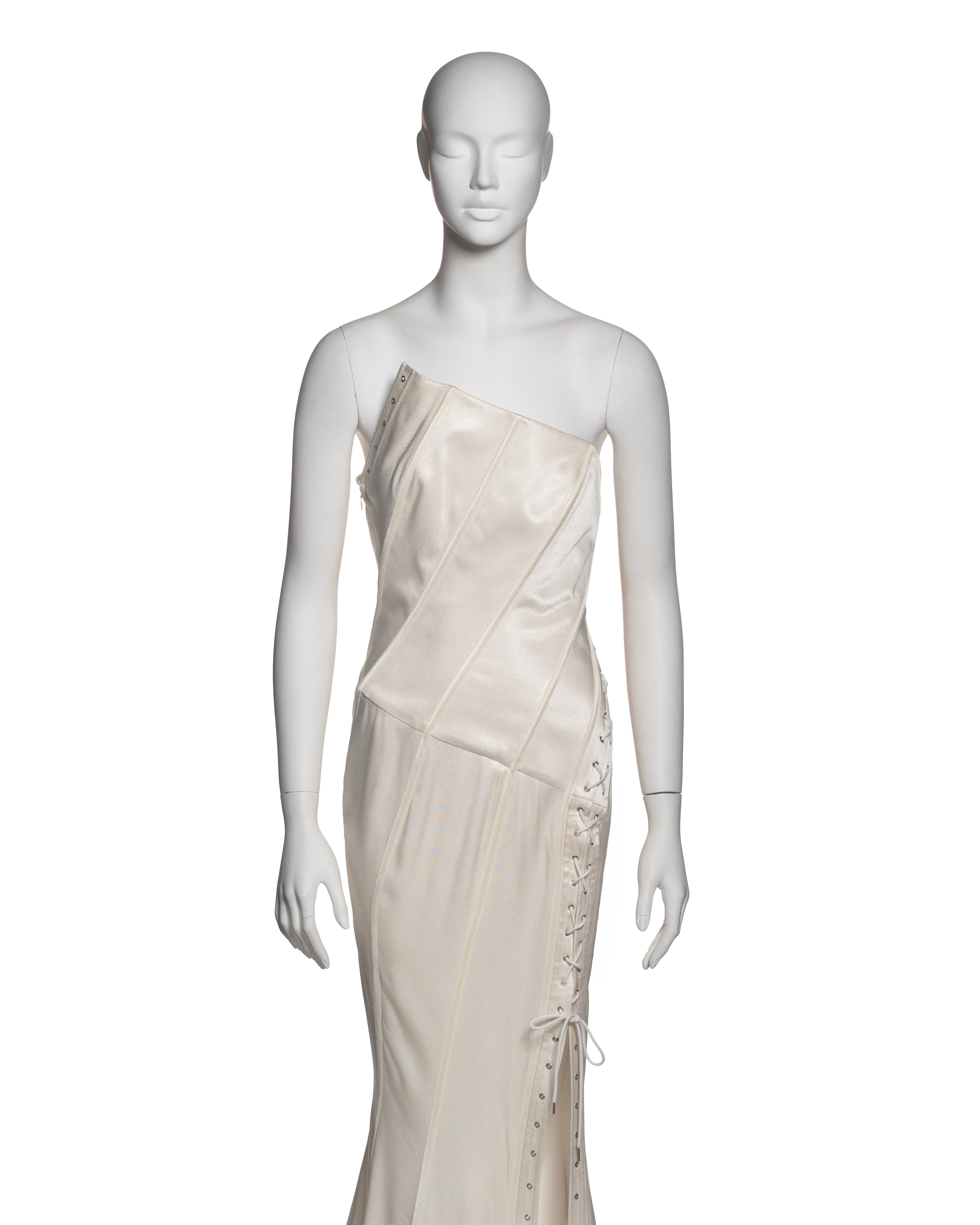 Gray John Galliano White Bias-Cut Satin Strapless Corset Dress with Train, SS 2000 For Sale