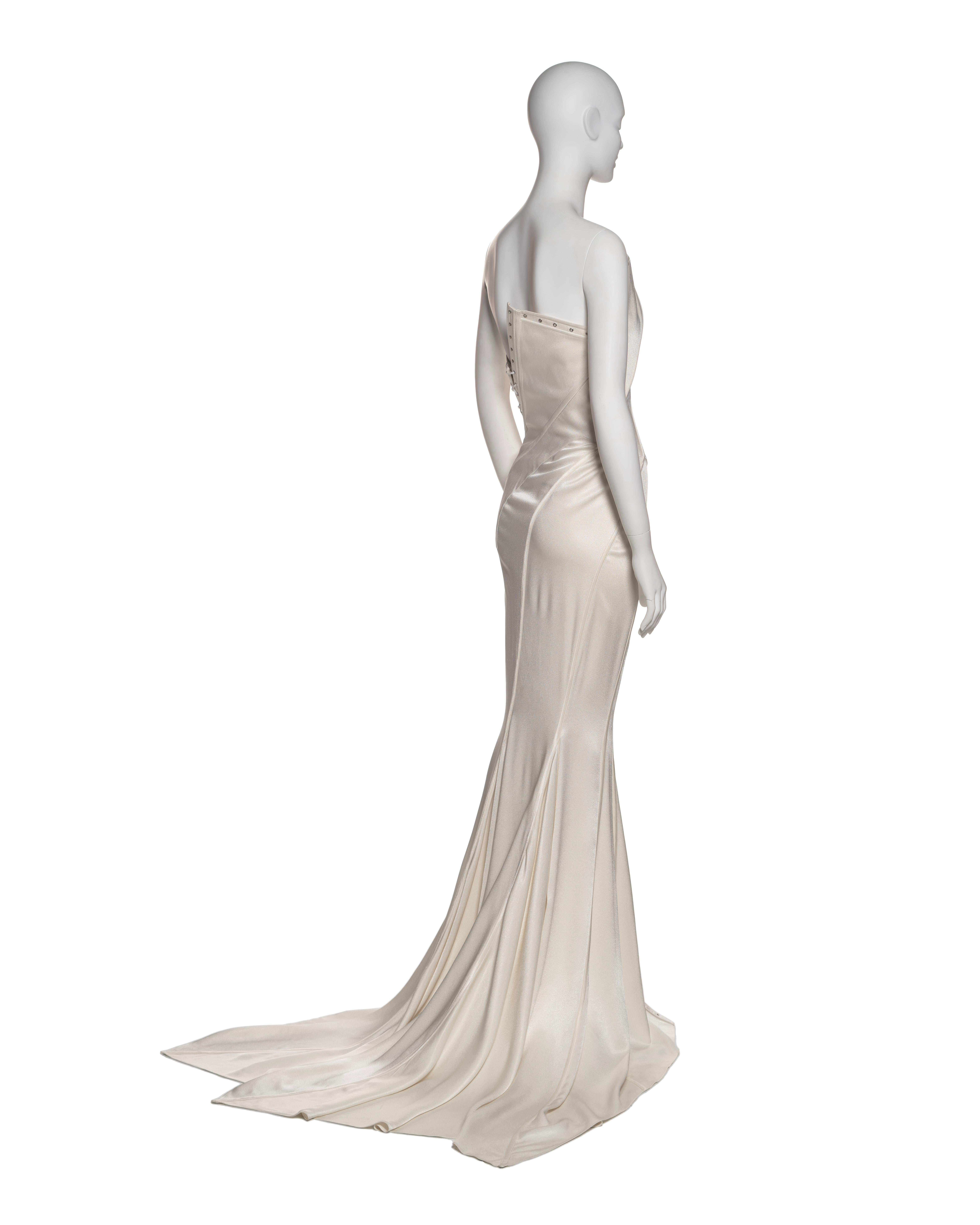 John Galliano White Bias-Cut Satin Strapless Corset Dress with Train, SS 2000 For Sale 3