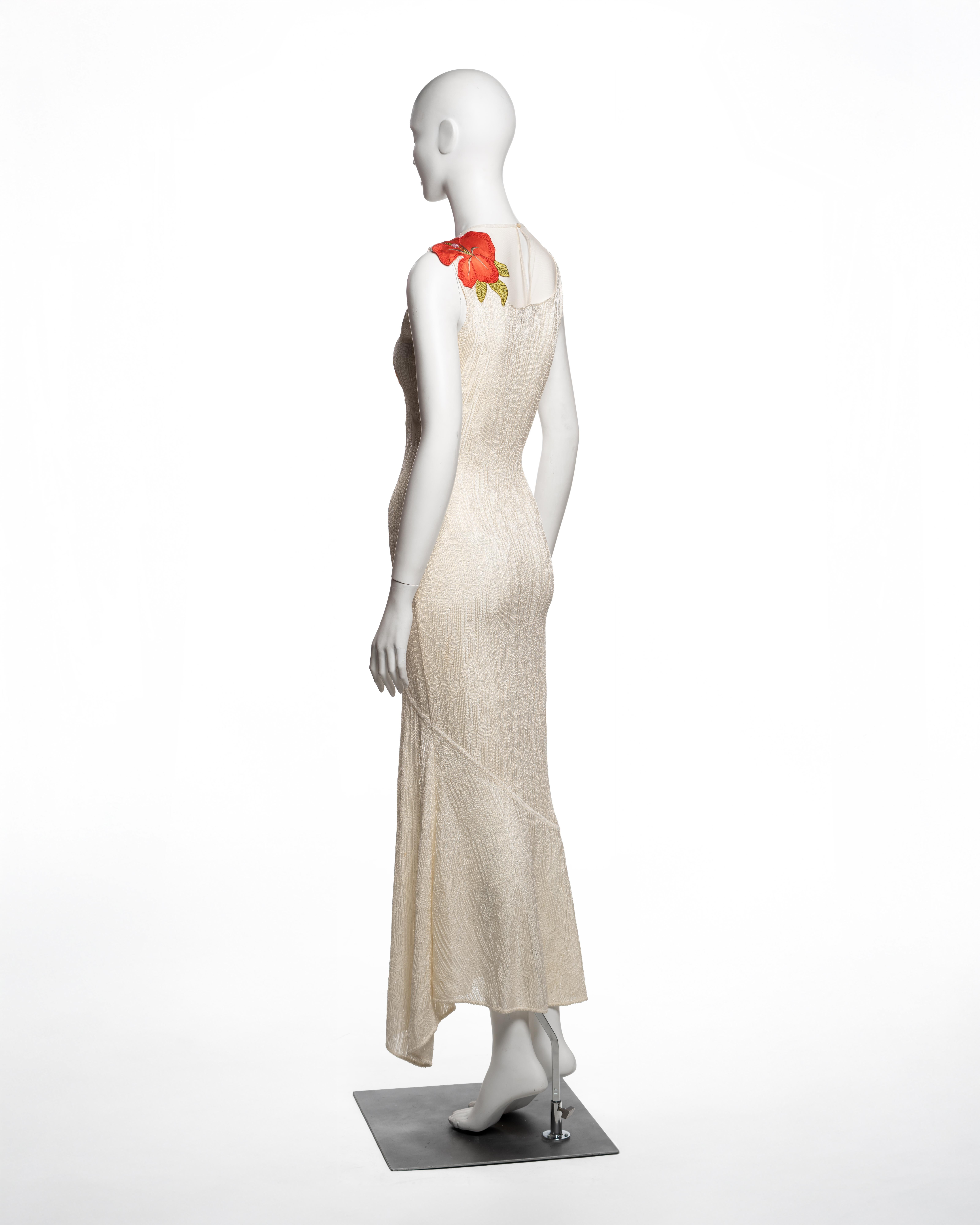 John Galliano White Viscose Knit and Tulle Dress with Floral Appliqués, FW 2000 im Angebot 5