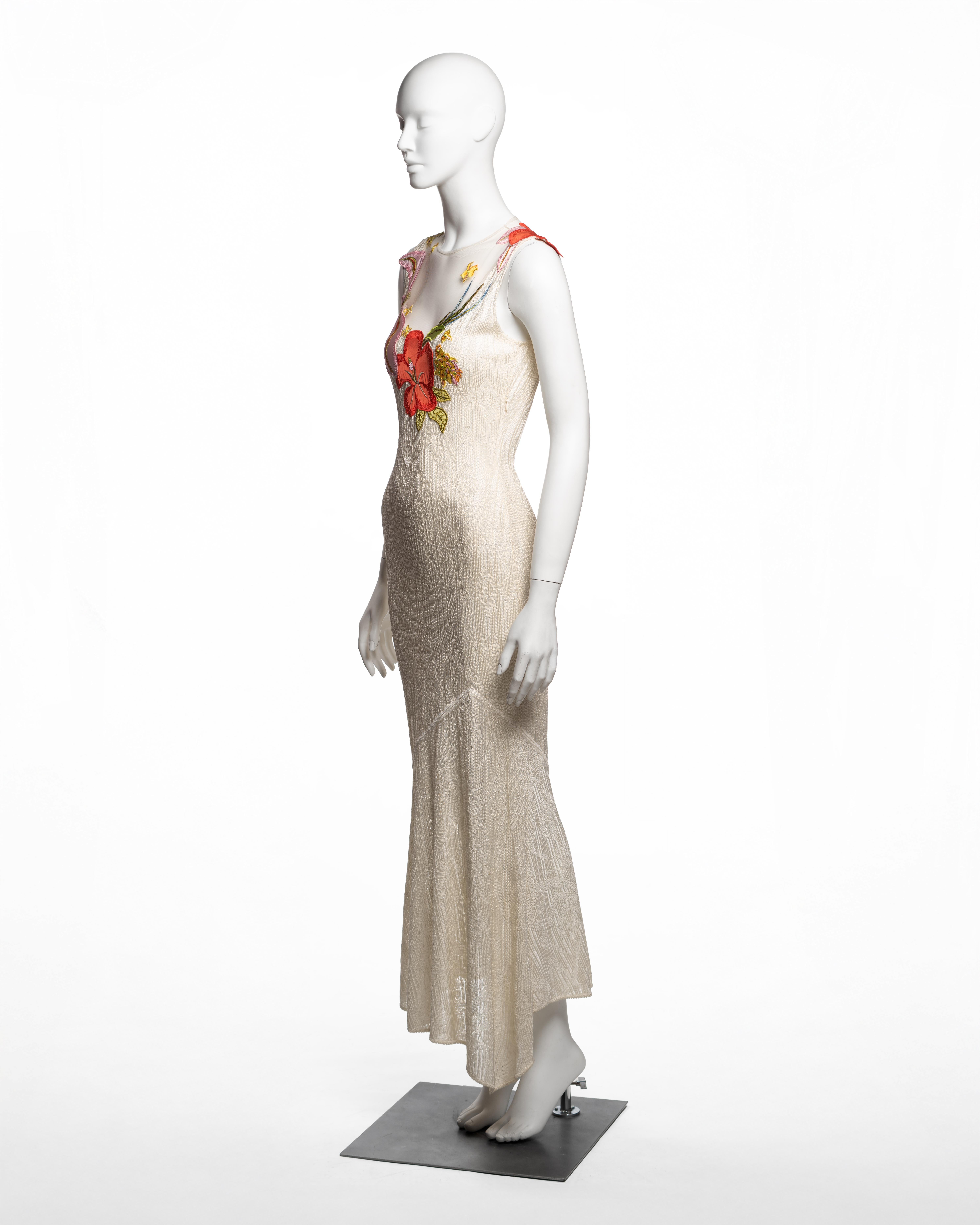 John Galliano White Viscose Knit and Tulle Dress with Floral Appliqués, FW 2000 im Angebot 6