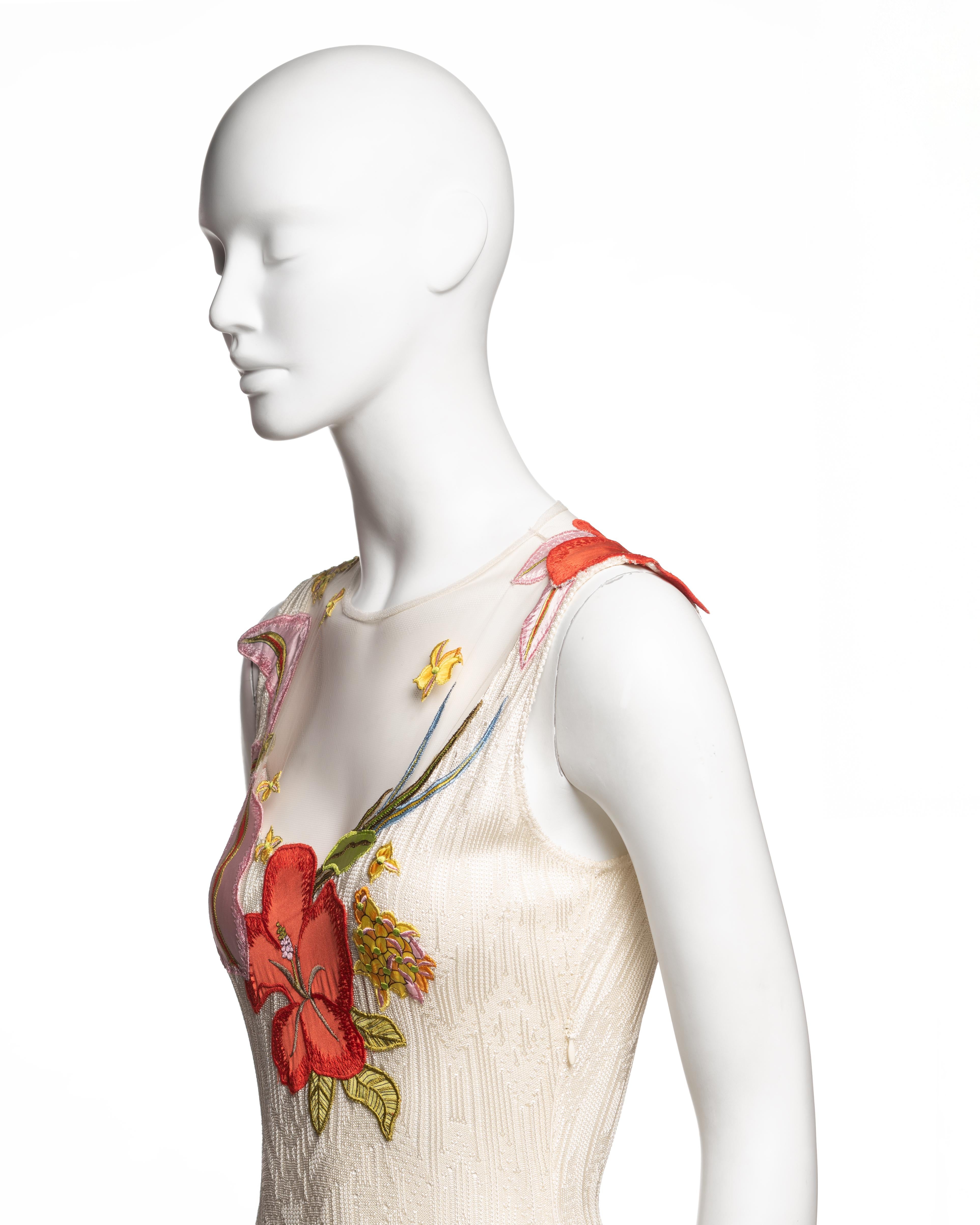 John Galliano White Viscose Knit and Tulle Dress with Floral Appliqués, FW 2000 im Angebot 7
