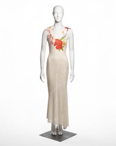 John Galliano White Viscose Knit and Tulle Dress with Floral Appliqués, FW 2000
