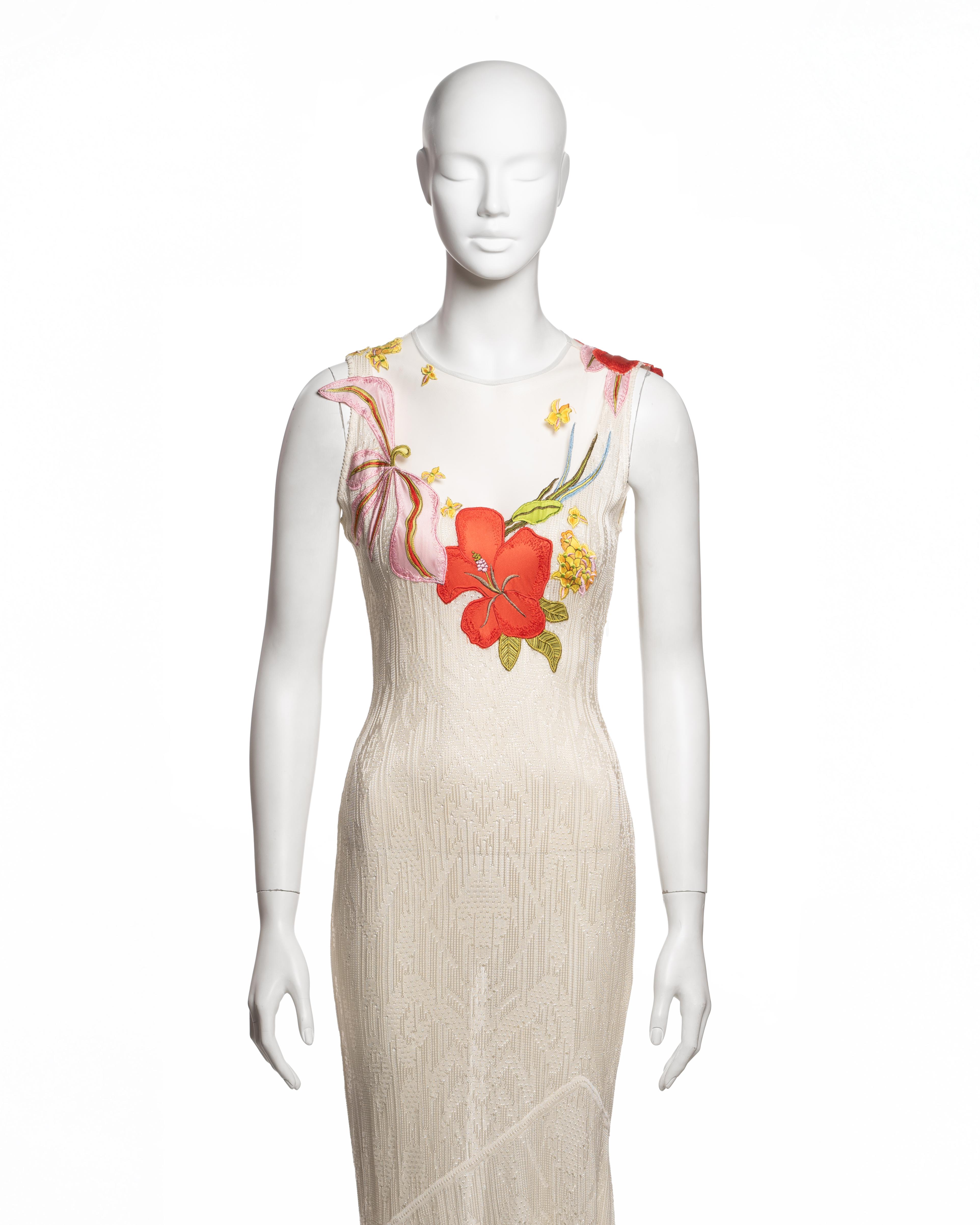 John Galliano White Viscose Knit and Tulle Dress with Floral Appliqués, FW 2000 (Weiß) im Angebot