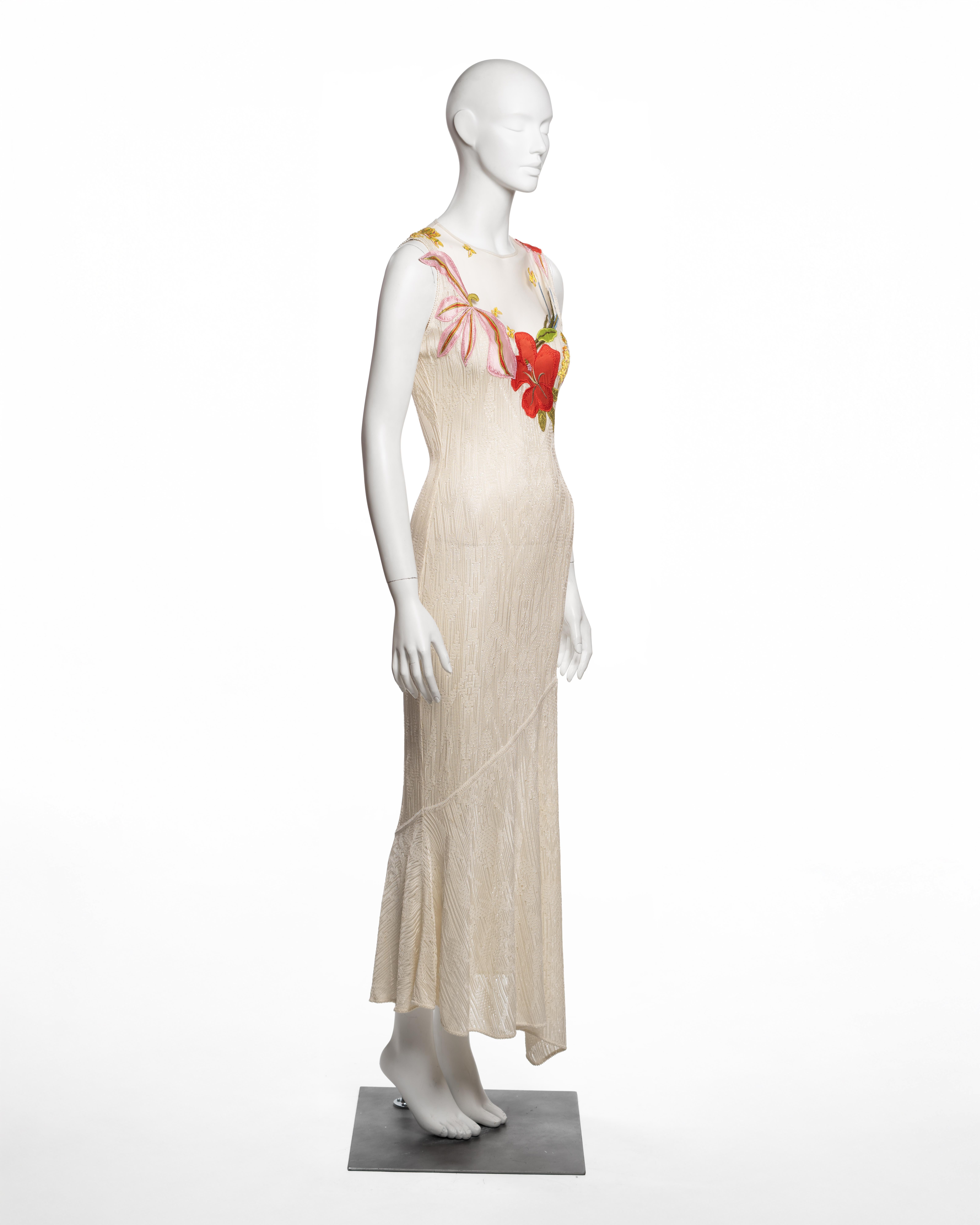 John Galliano White Viscose Knit and Tulle Dress with Floral Appliqués, FW 2000 Damen im Angebot