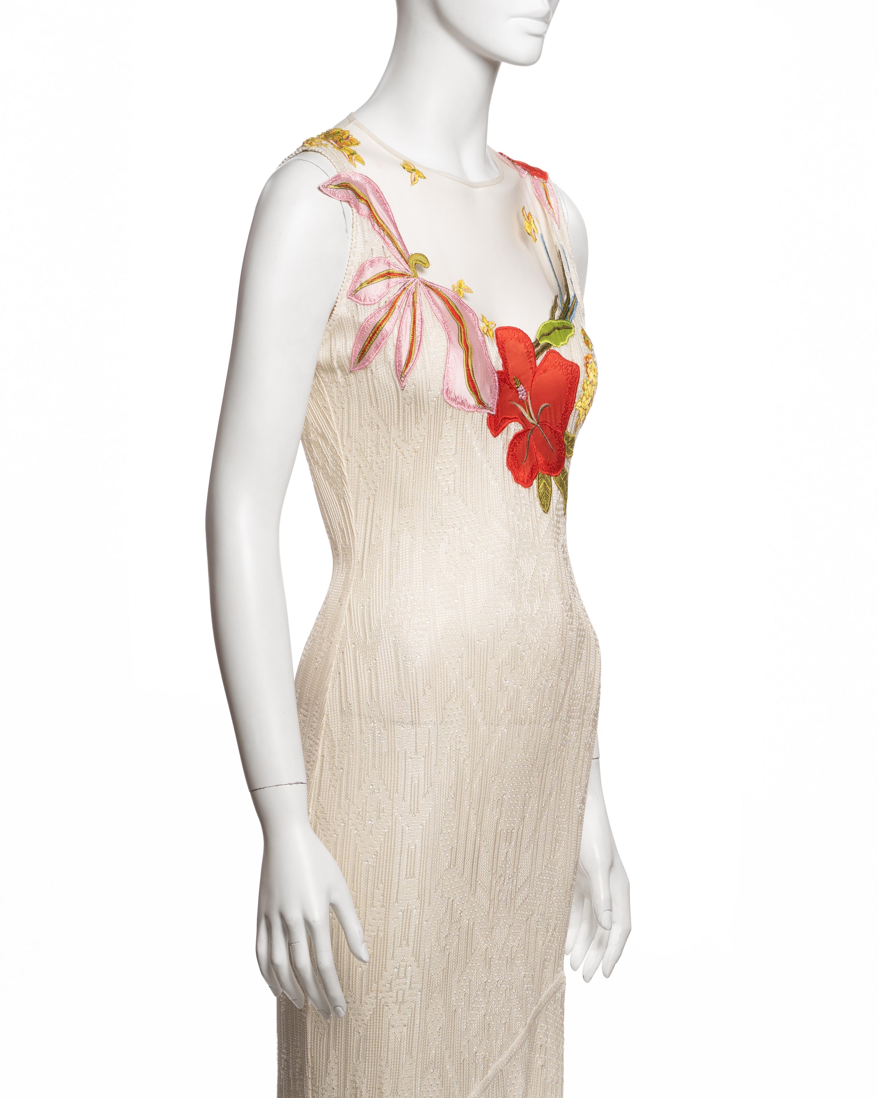 John Galliano White Viscose Knit and Tulle Dress with Floral Appliqués, FW 2000 im Angebot 1