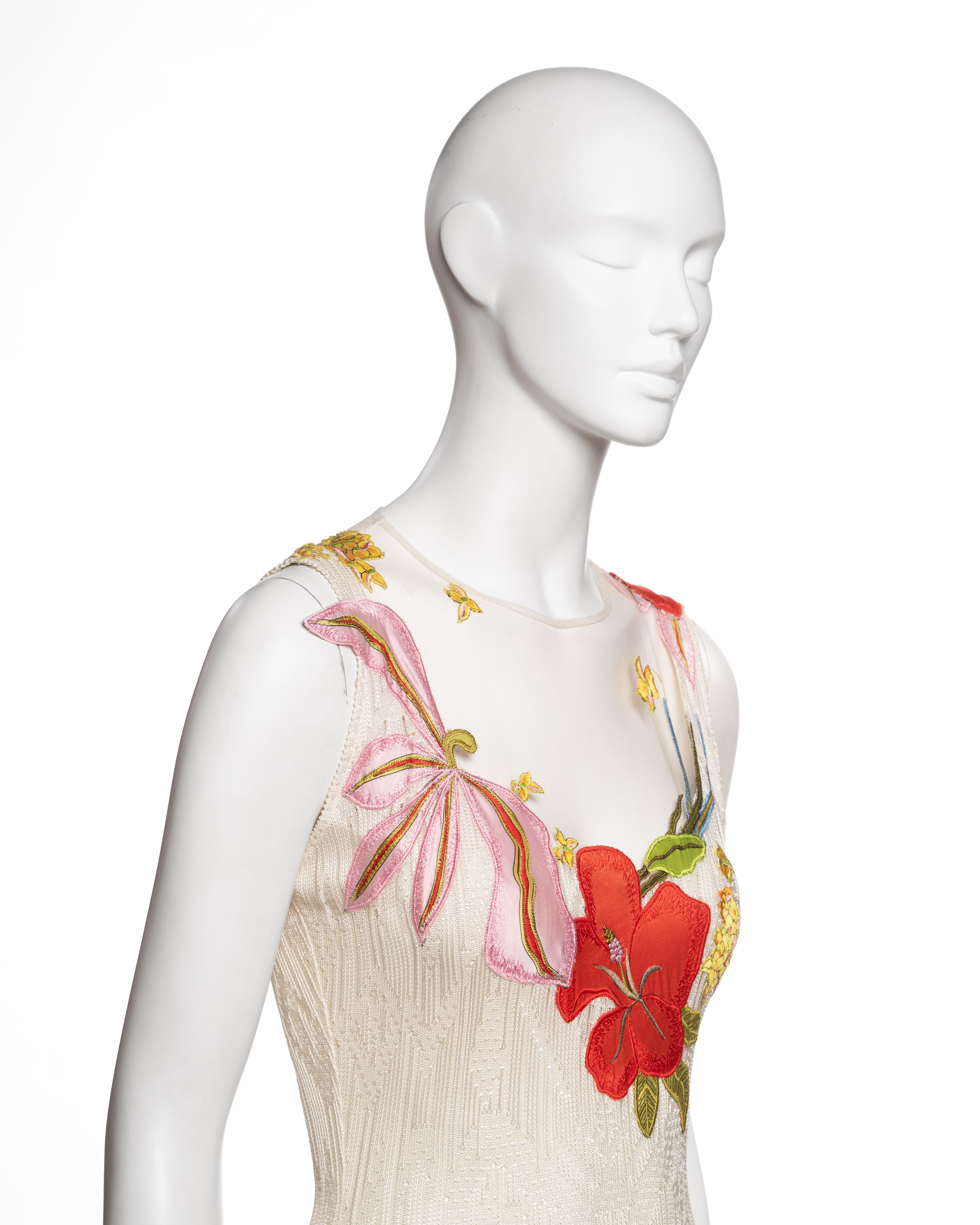 John Galliano White Viscose Knit and Tulle Dress with Floral Appliqués, FW 2000 im Angebot 2