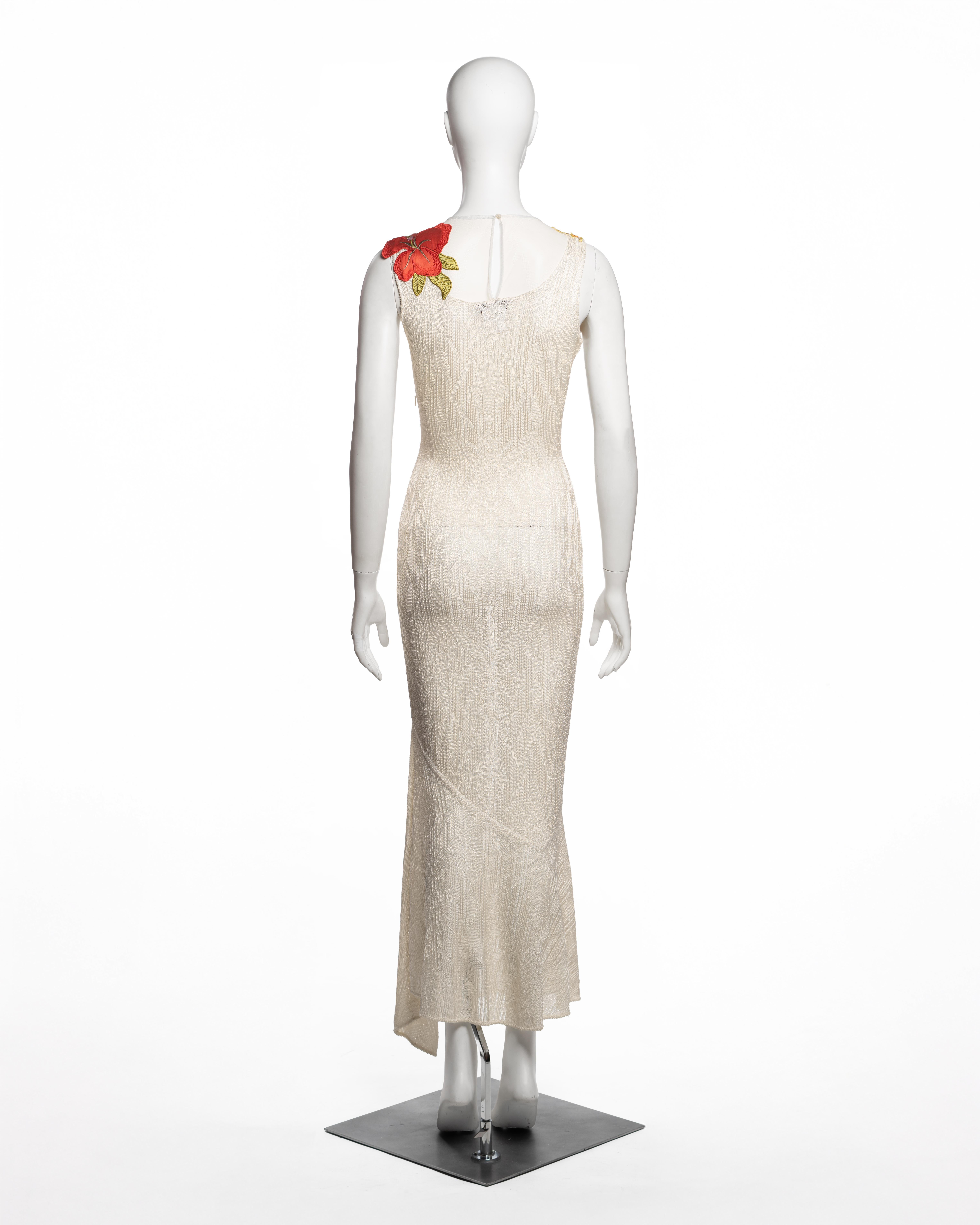 John Galliano White Viscose Knit and Tulle Dress with Floral Appliqués, FW 2000 im Angebot 3