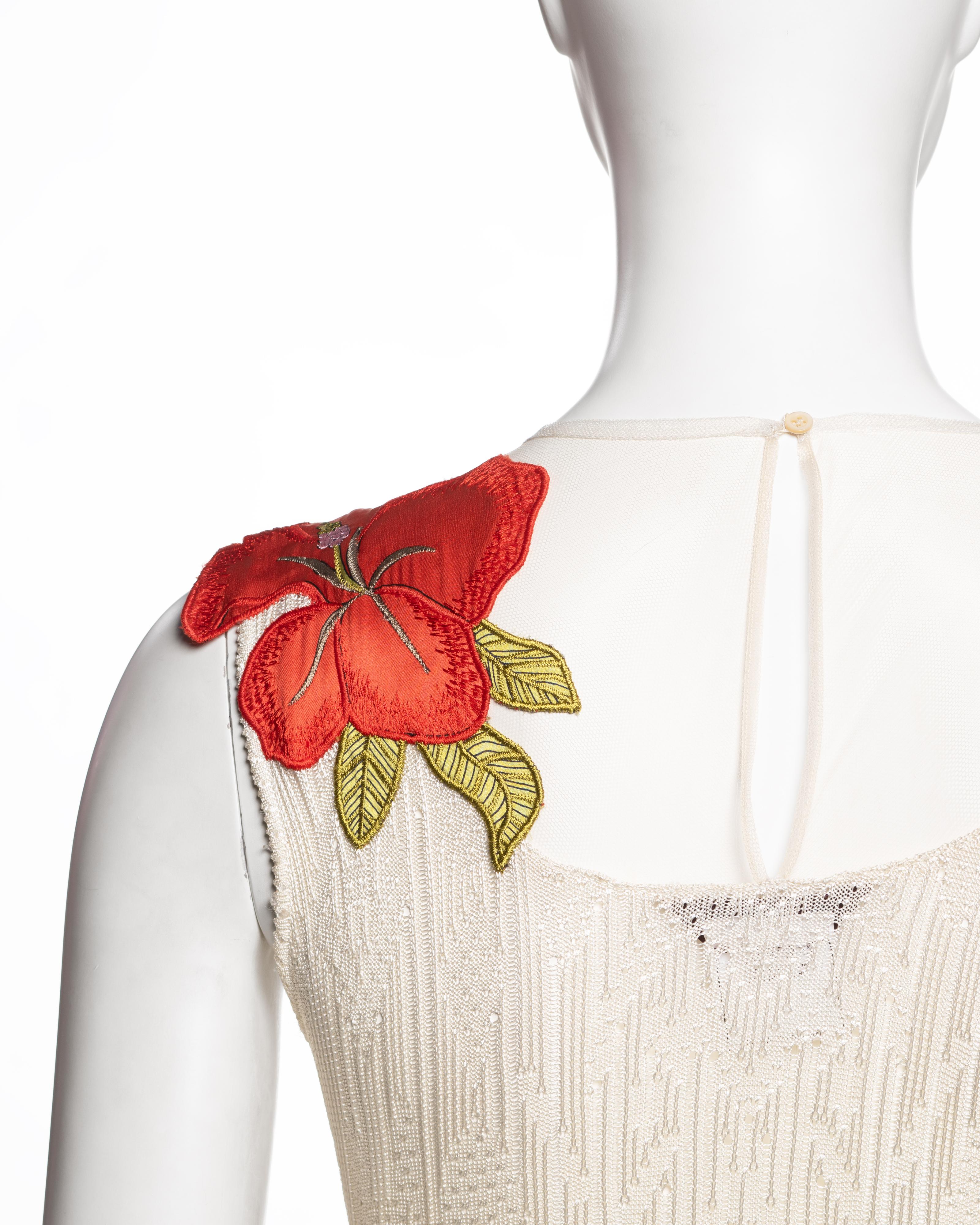 John Galliano White Viscose Knit and Tulle Dress with Floral Appliqués, FW 2000 im Angebot 4