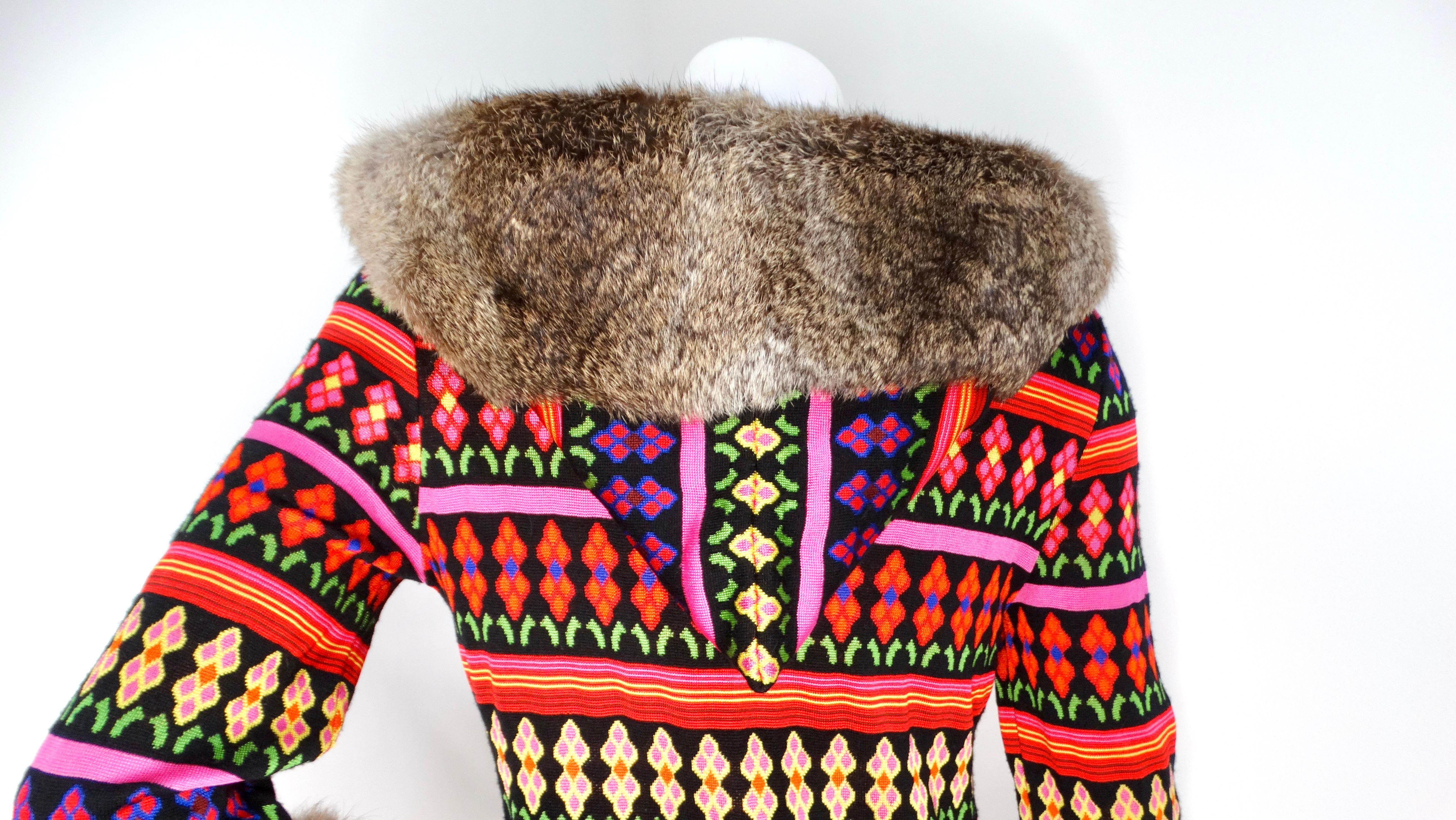 John Galliano Abito con cappuccio con stampa multicolore Y2K e pelliccia di coniglio in vendita 1