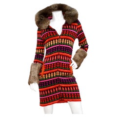 John Galliano Y2K Multicolor Print Hooded Dress With Rabbit Fur Trim