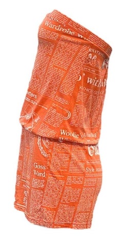John Galliano Y2K Orange Cotton Strapless Newsprint Romper Jumpsuit