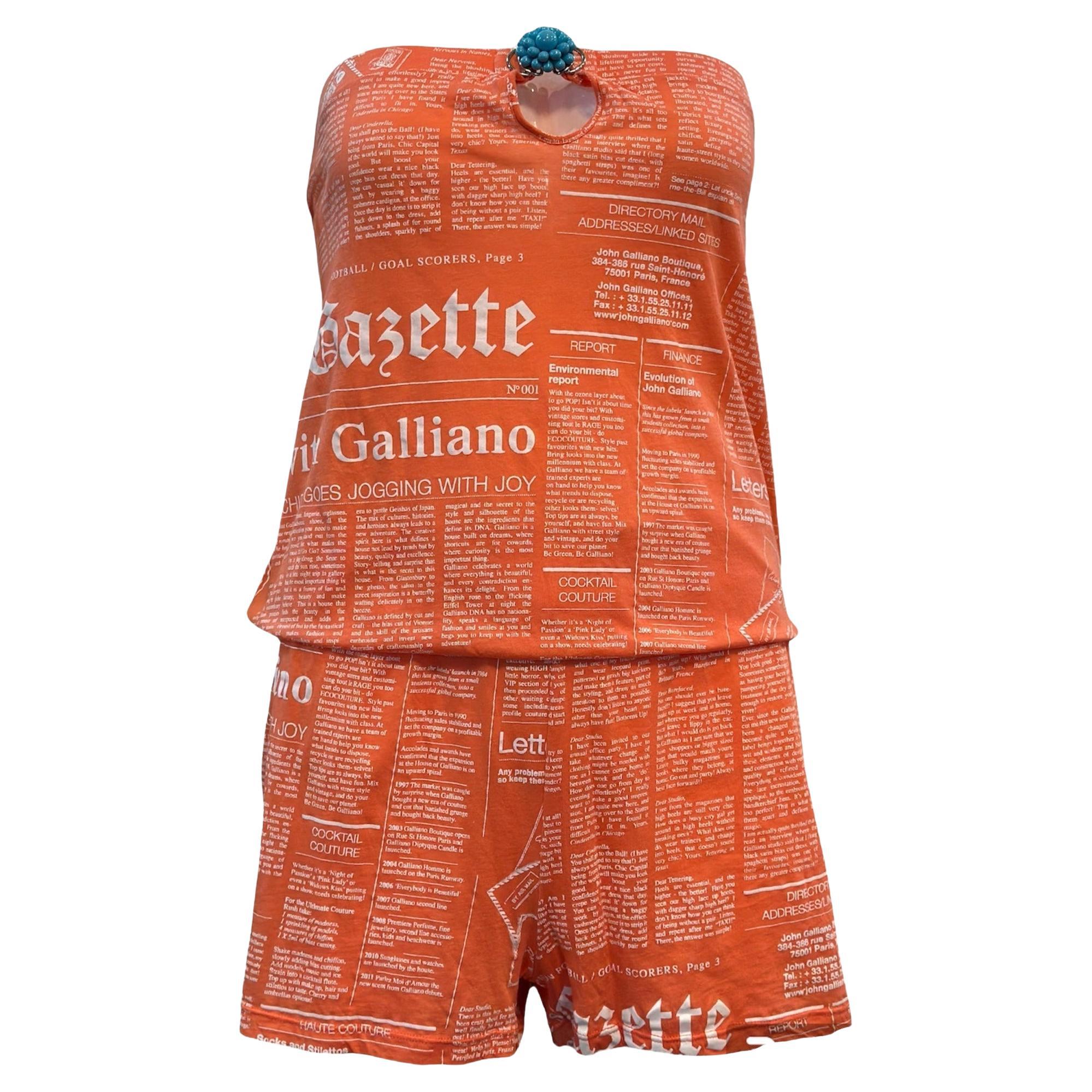 John Galliano Y2K Orange Cotton Strapless Newsprint Romper Jumpsuit For Sale