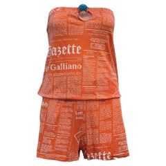 John Galliano Y2K Orange Cotton Strapless Newsprint Romper Jumpsuit