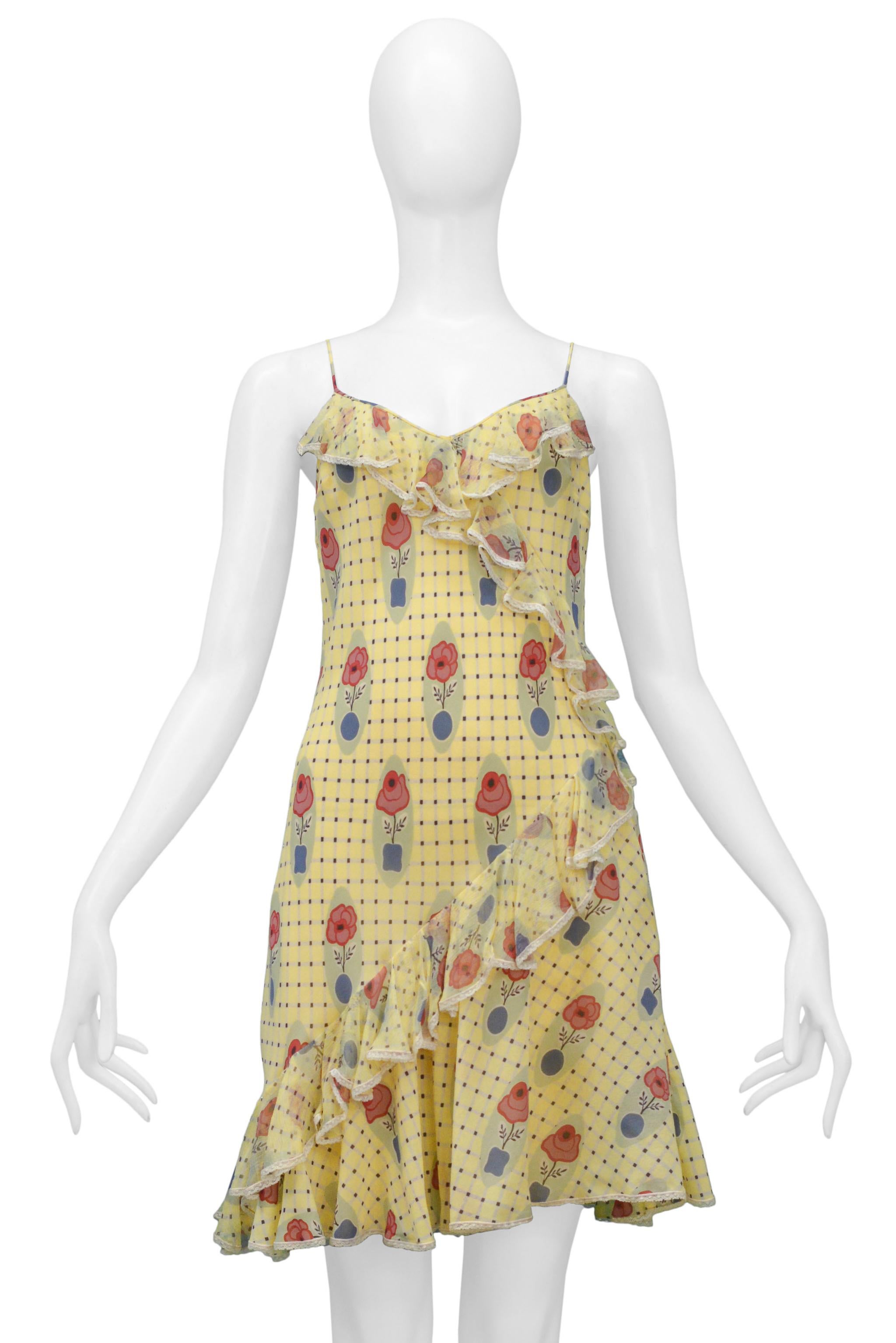 John Galliano Vestido de tirantes a cuadros amarillos con estampado de macetas y ribete de encaje blanco Beige en venta