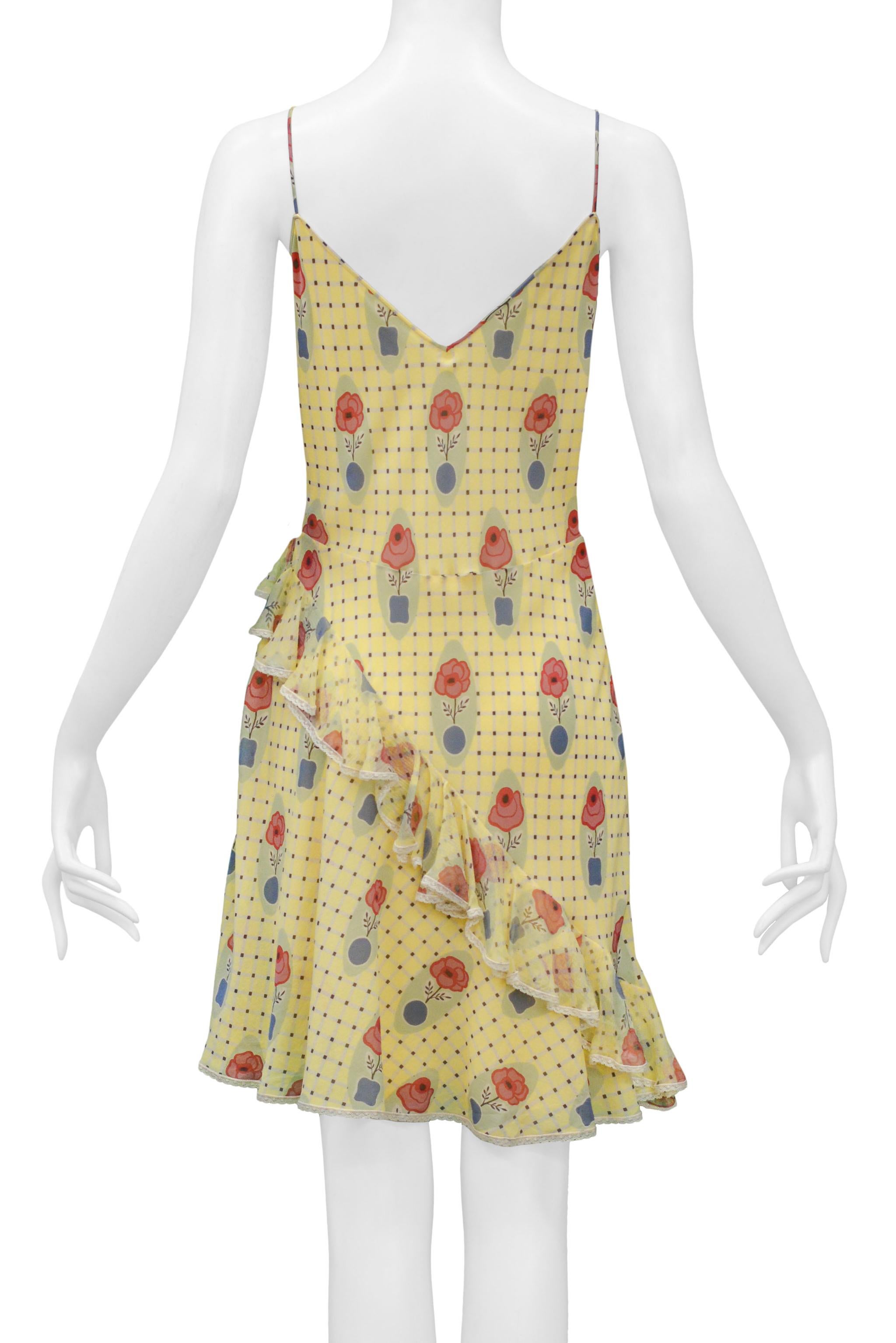 Beige John Galliano Yellow Check Slip Dress With Flower Pot Pattern & White Lace Trim For Sale