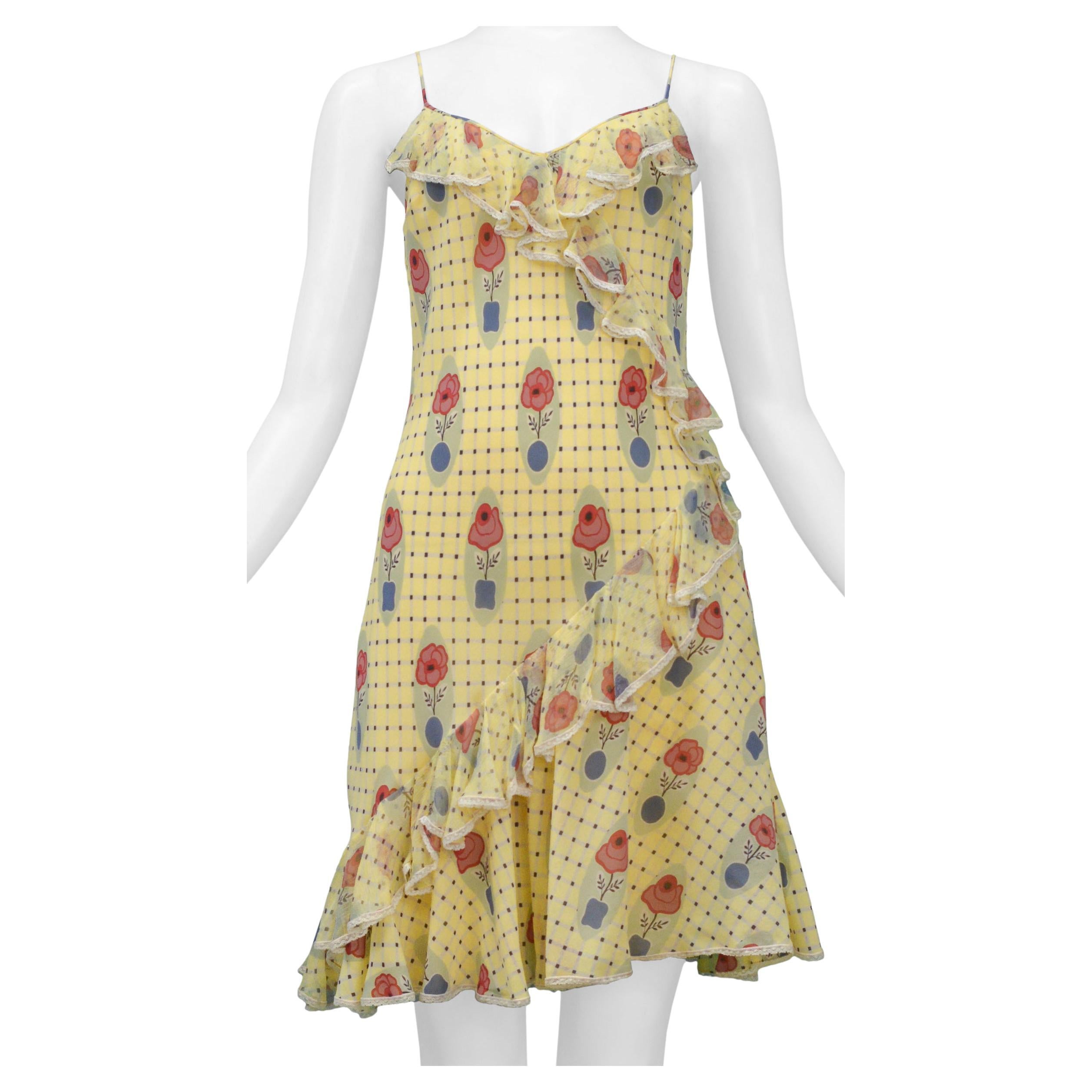 John Galliano Yellow Check Slip Dress With Flower Pot Pattern & White Lace Trim For Sale