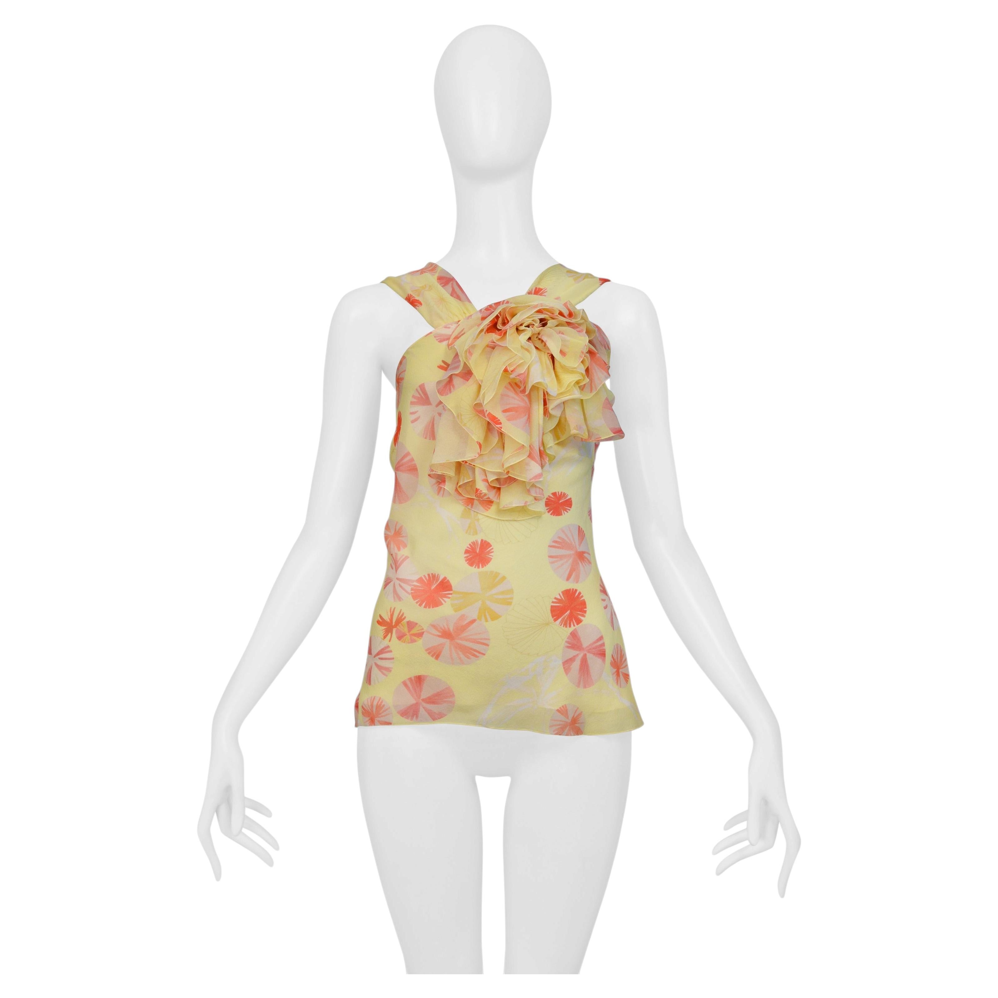John Galliano Yellow Silk Halter Top With Red Swirls Print 2000S For Sale