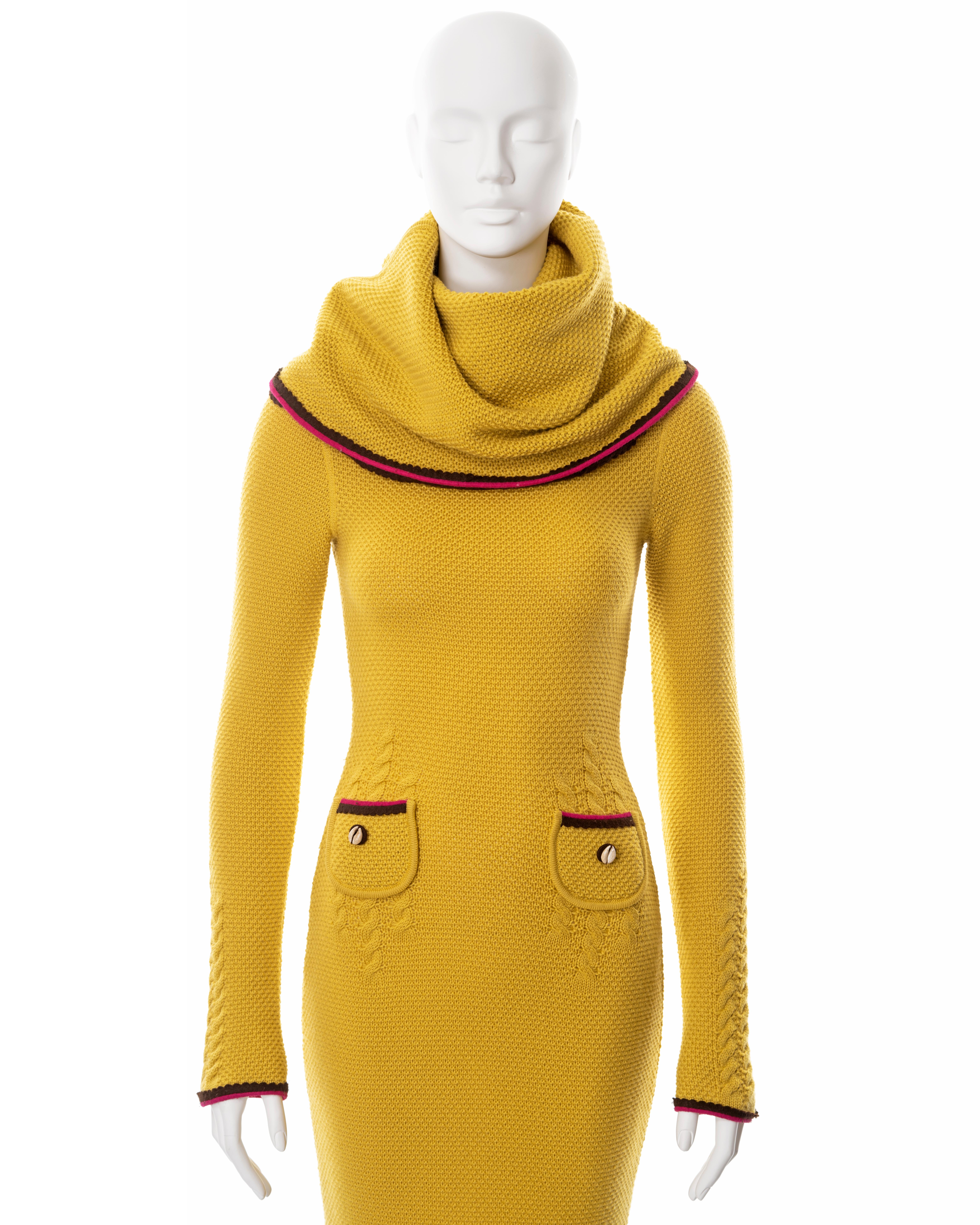 Women's John Galliano yellow waffle-knit wool long sleeve turtleneck dress, fw 1999 For Sale