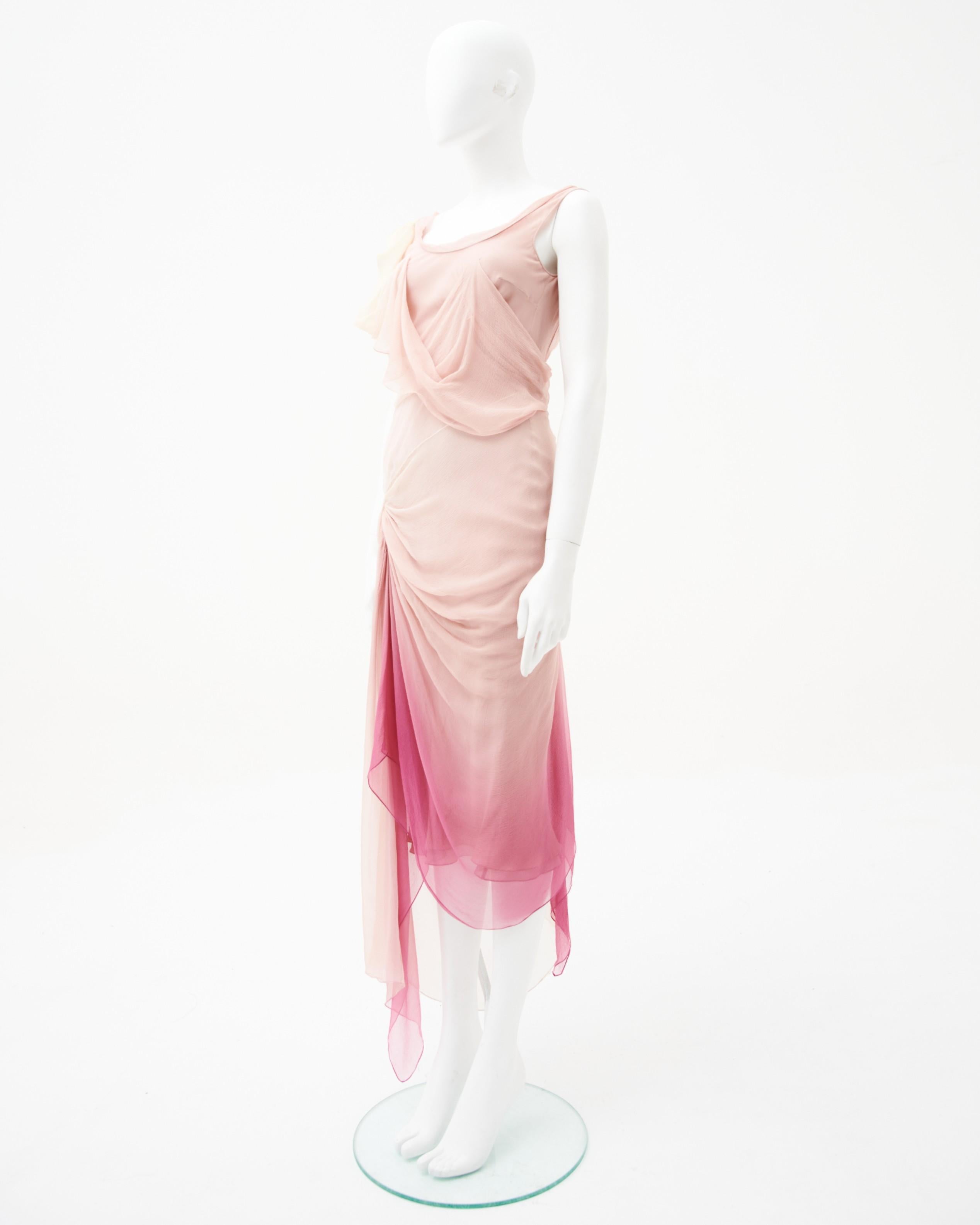 - Designed by John Galliano
- Sold by Skof.Archive
- Spring Summer 2007
- Pink Drapes Silk Midi Dress
- Silk chiffon construction in a delicate gradient colorway transitioning from pale blush pink to deeper rose
- Draped design with one-shoulder