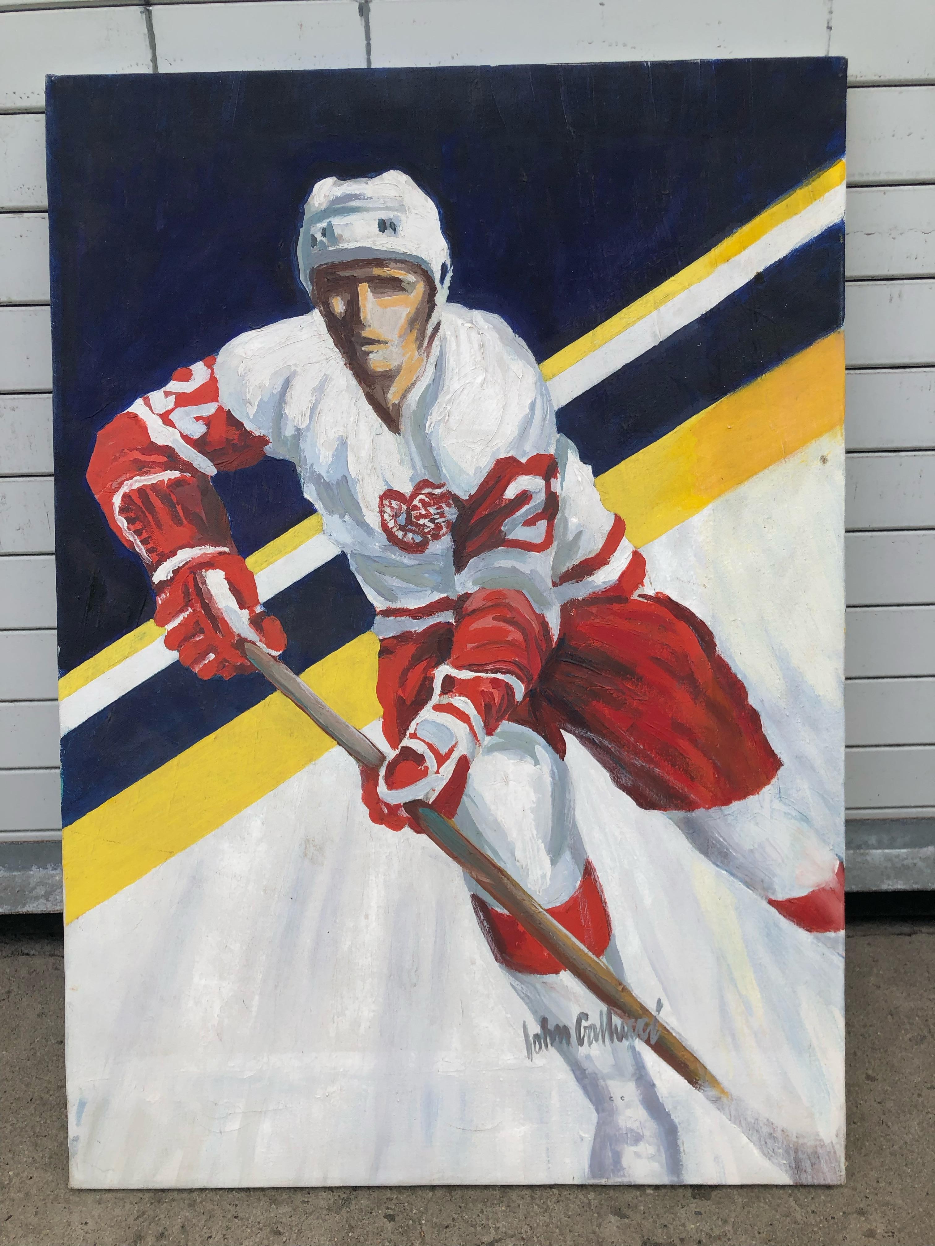 Figurative Detroit Red Wings Hockey Player Portrait - Painting by John Gallucci