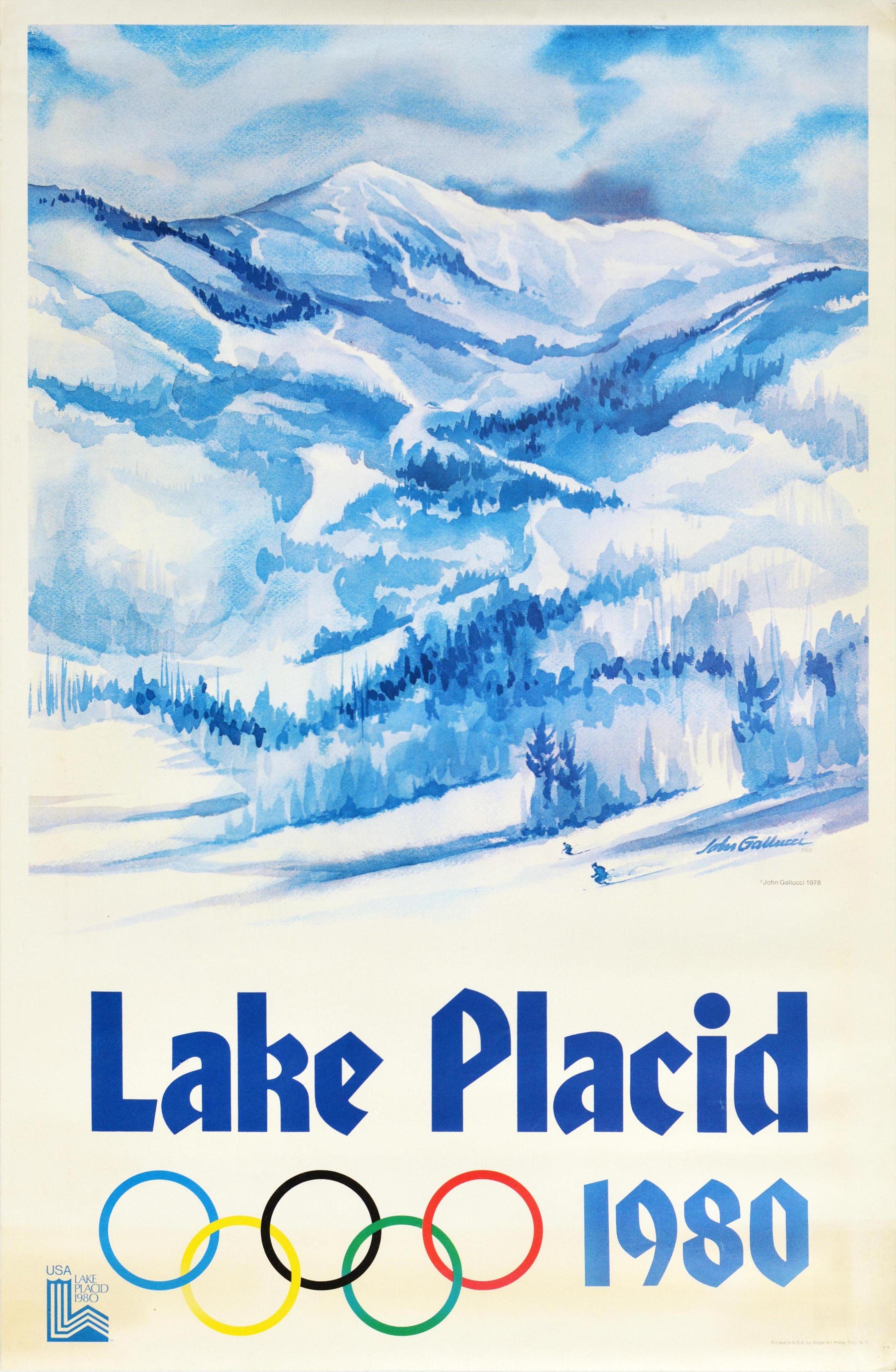 Print de John Gallucci - Póster deportivo original de época Lake Placid 1980 Juegos Olímpicos de Invierno Esquiadores Montañas