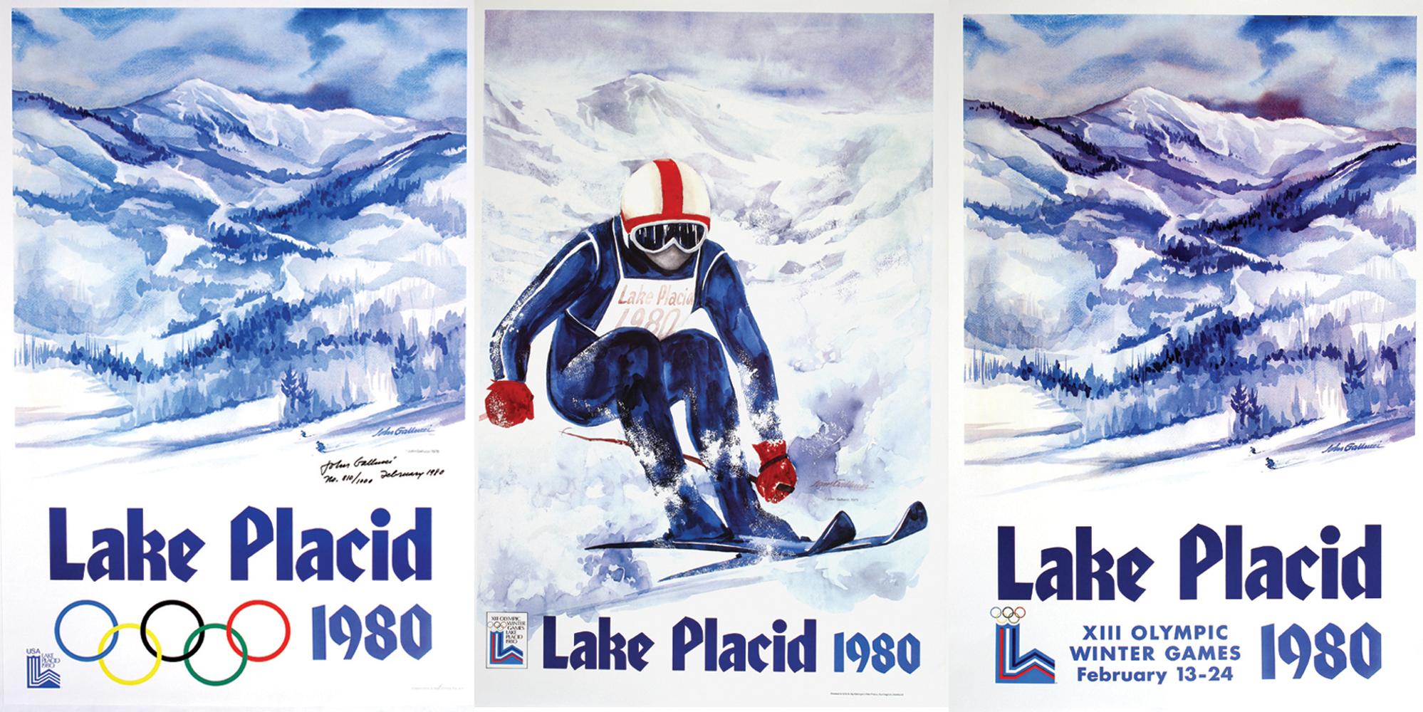 This is a set of three posters by John Gallucci, who is also known for his watercolors. The Winter Olympic Organizing Committee commissioned them to promote the ski events held in Lake Placid during the Olympic Games of 1980. The highlight of that